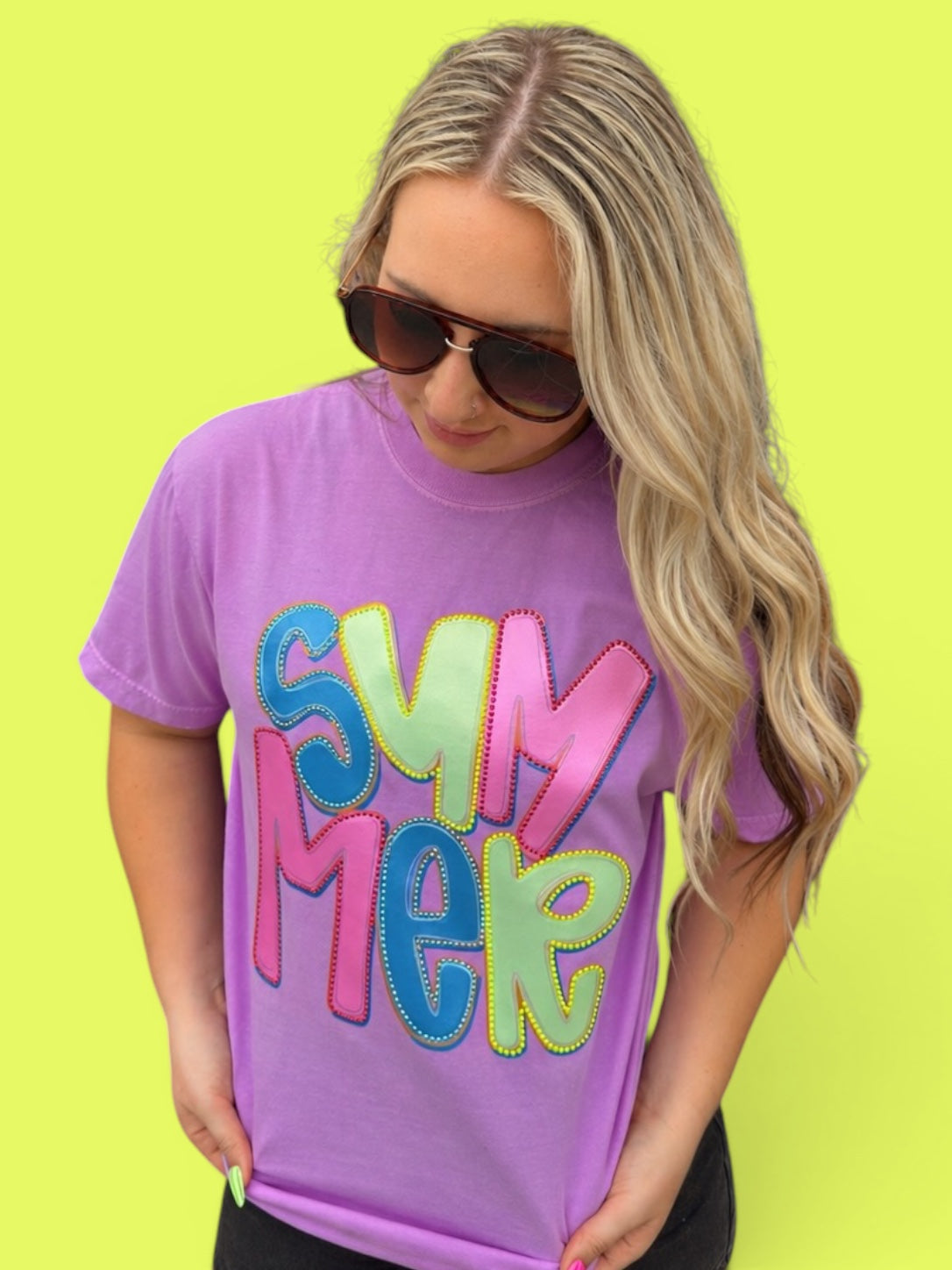Fabric Multicolored Summer Word with Dimond Detail Patch T-Shirt
