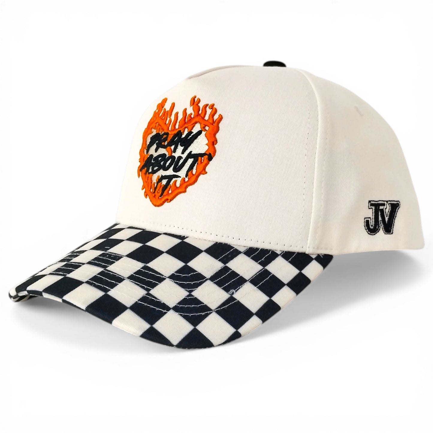 Beige cap with checkered brim and 'Play About It' design on a white background