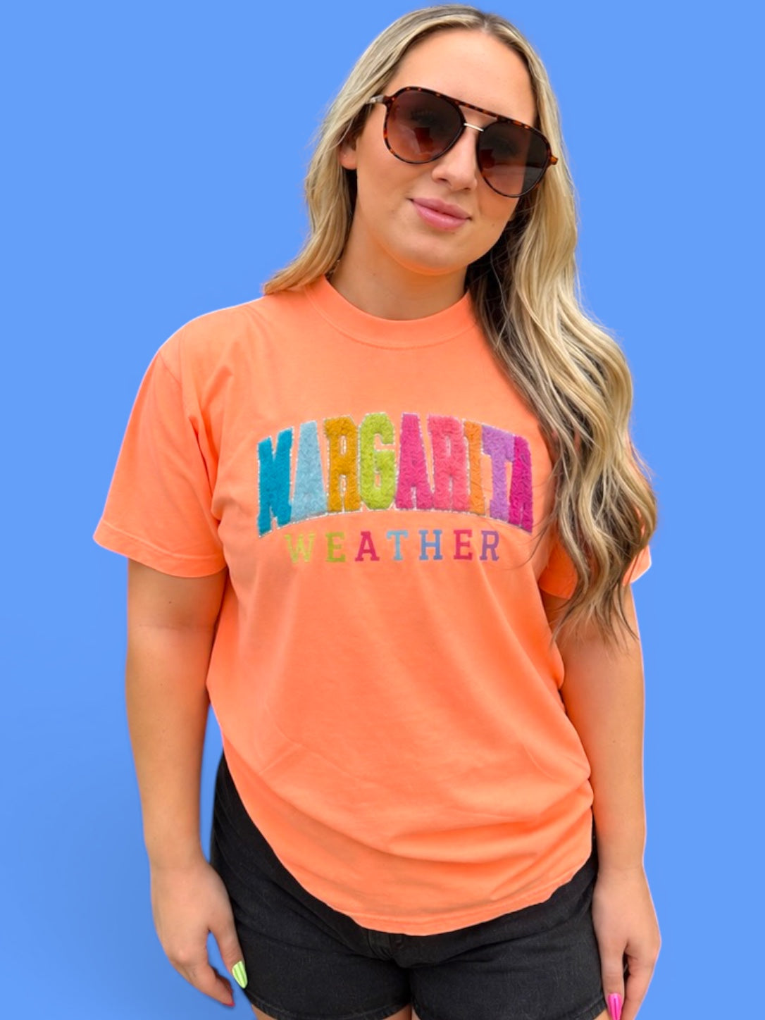 Fuzzy/Fabric Multicolored Margarita Weather Word Patch T-Shirt