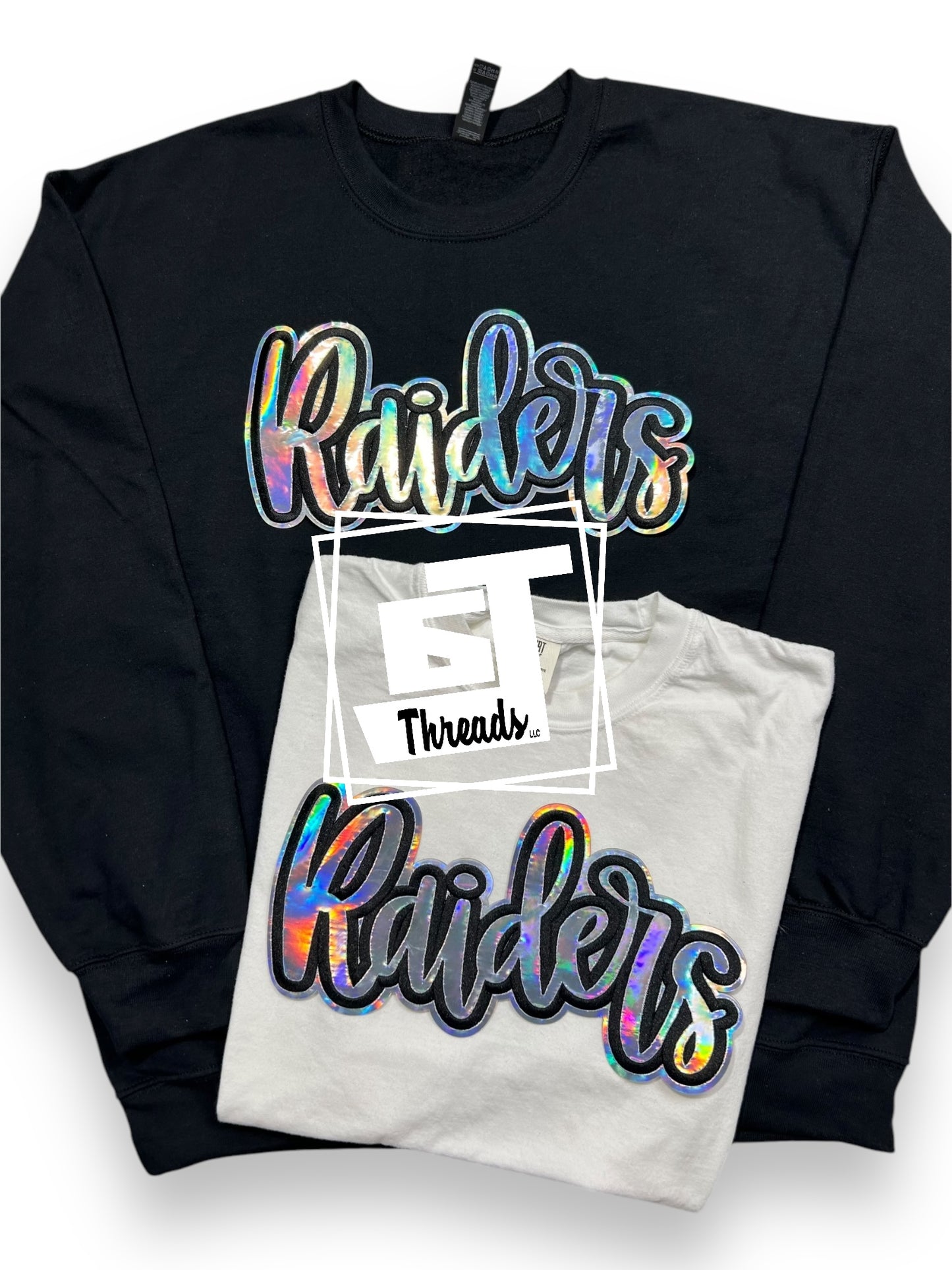 Cursive metallic raiders iron on patch black sweatshirt white shirt