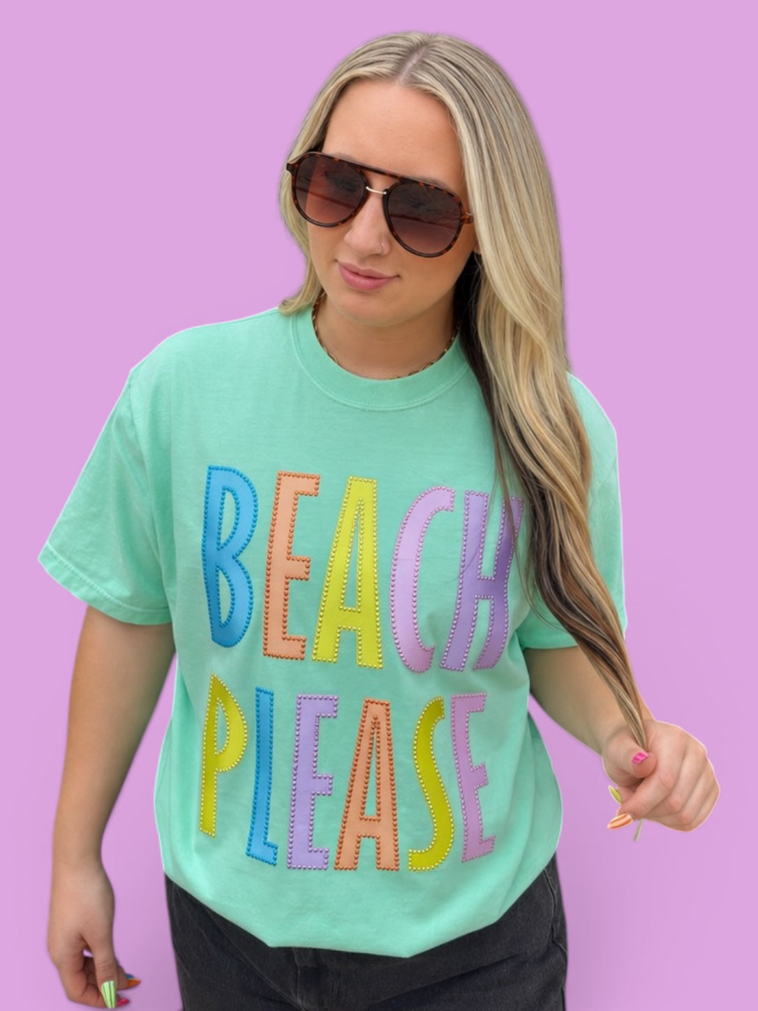 Fabric Multicolored Beach Please Word with Dimond Detail Patch T-Shirt