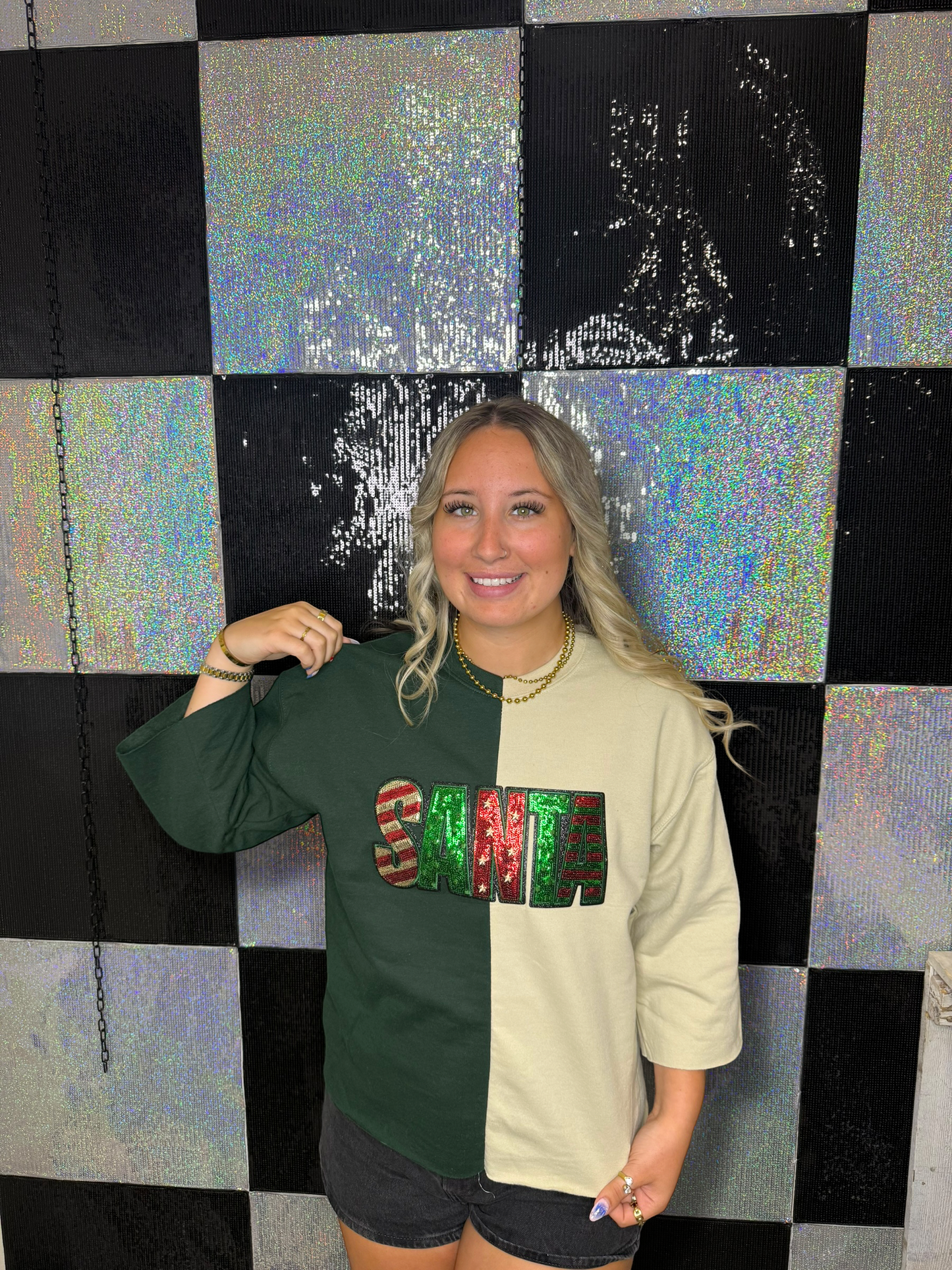 Split Crewneck Red/Forest Green - Block Sequins Santa