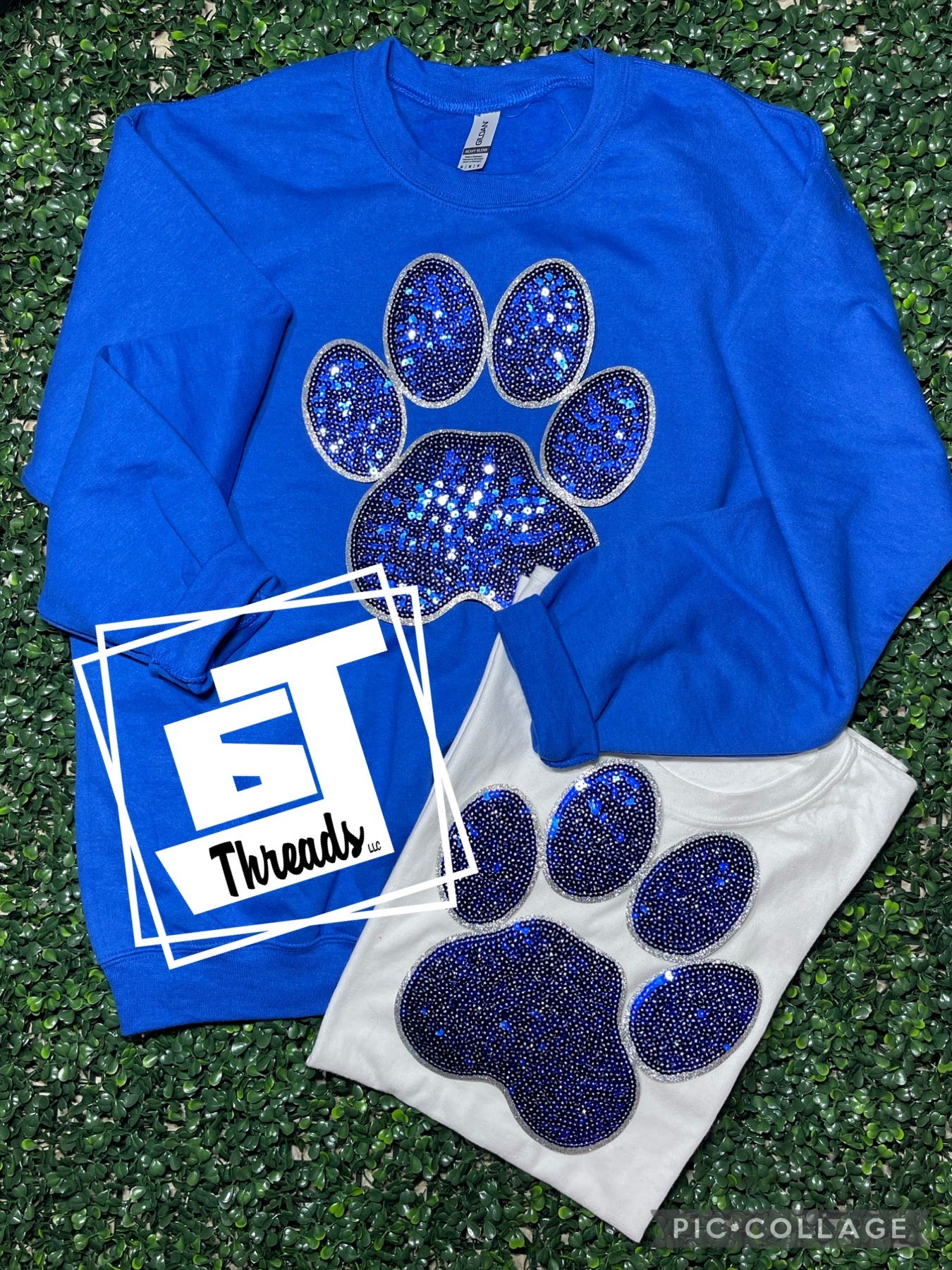 blue sequin paw patch on blue sweatshirt and white shirt
