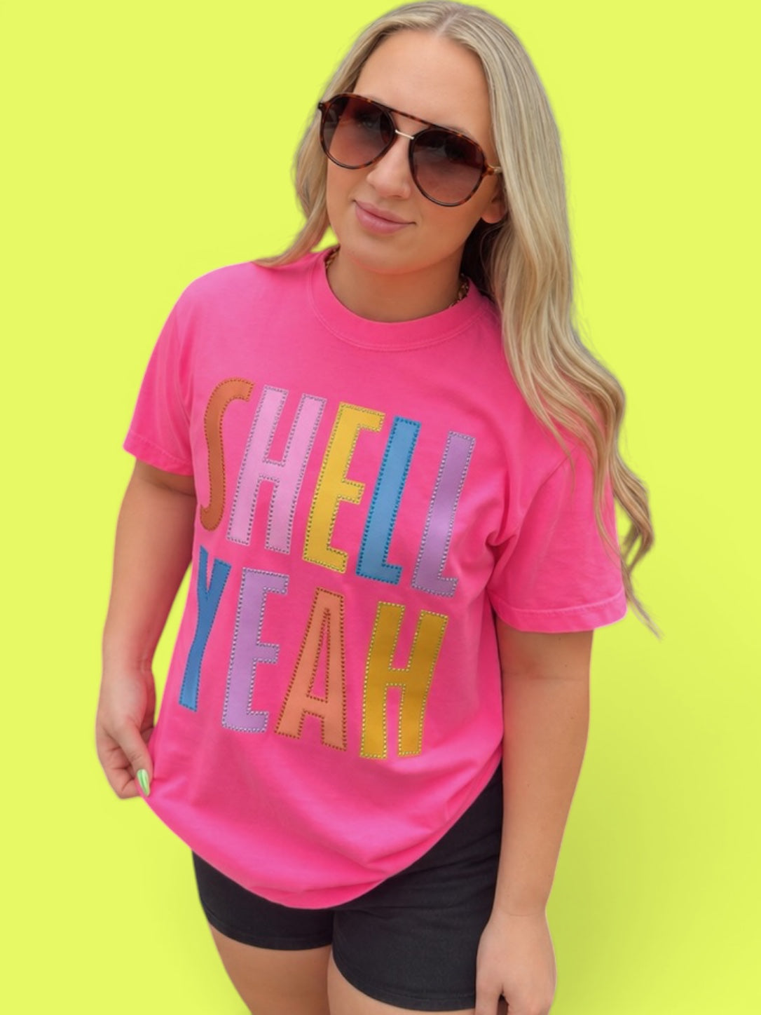 Fabric Multicolored Shell Yeah Word with Dimond Detail Patch T-Shirt