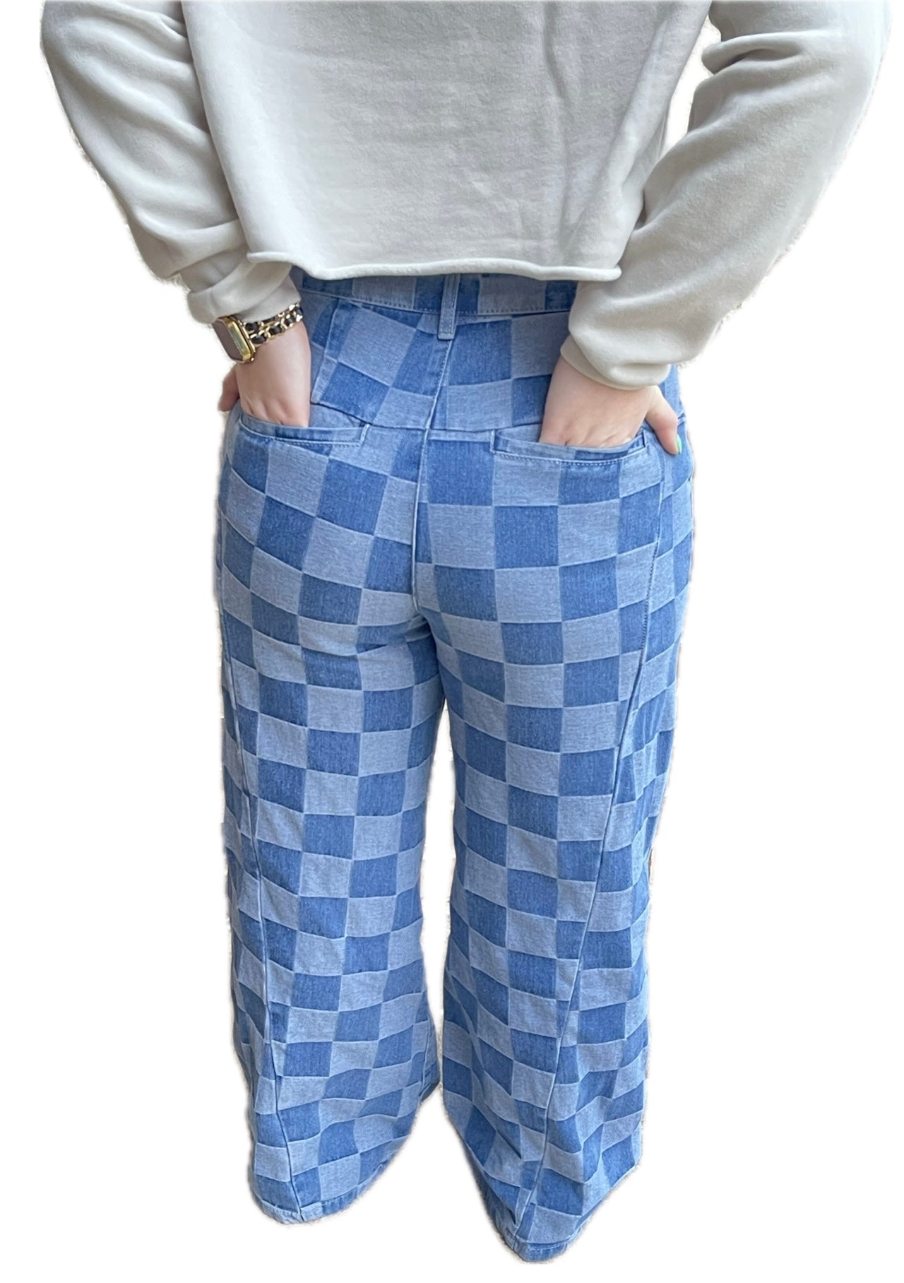 Denim checkered pattern pants