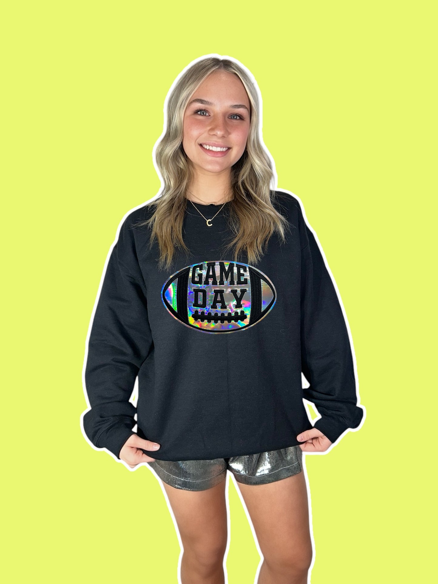 metallic football game day iron on patch black sweatshirt