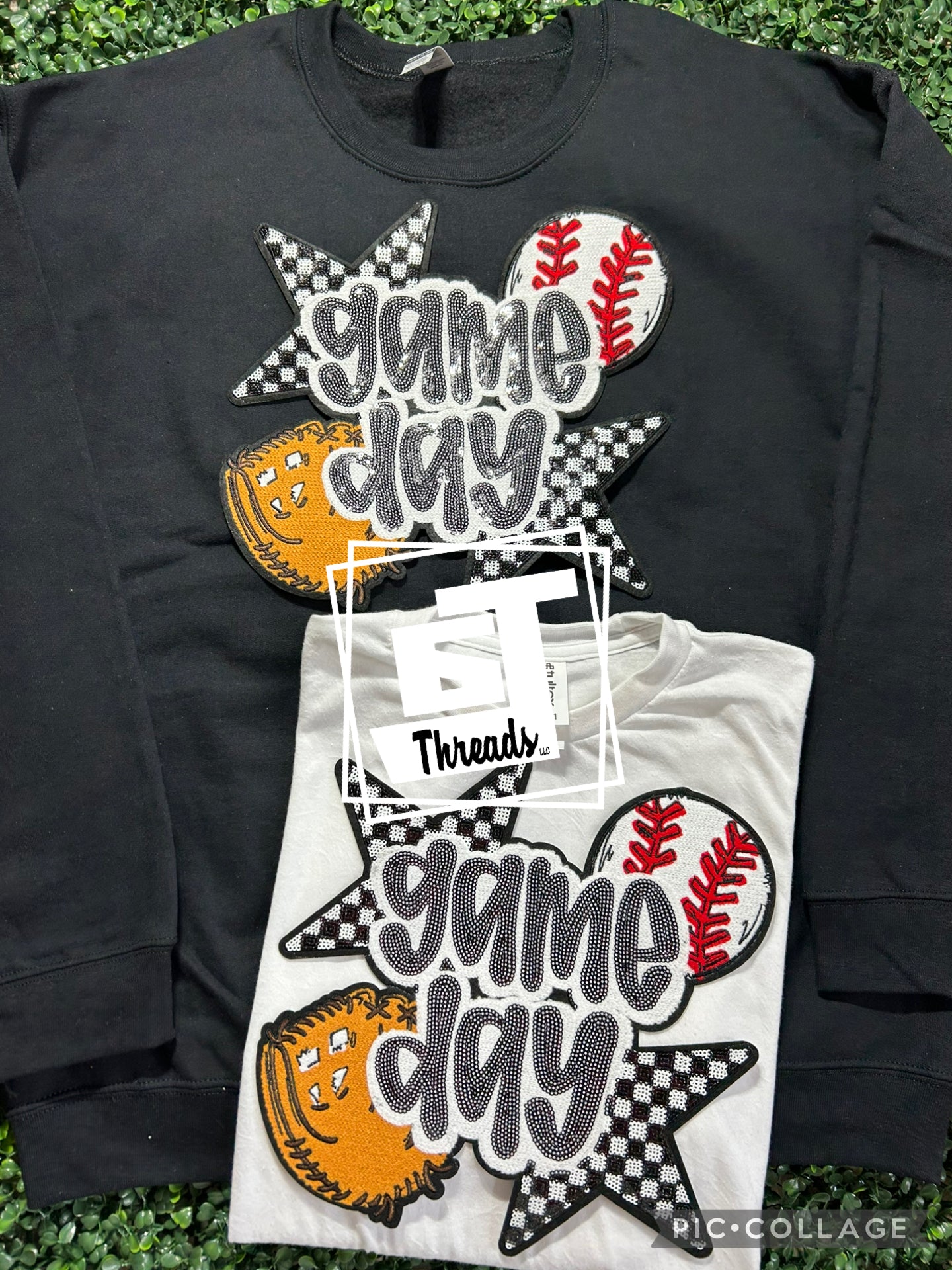 baseball checkered star game day iron on patch black sweatshirt white shirt