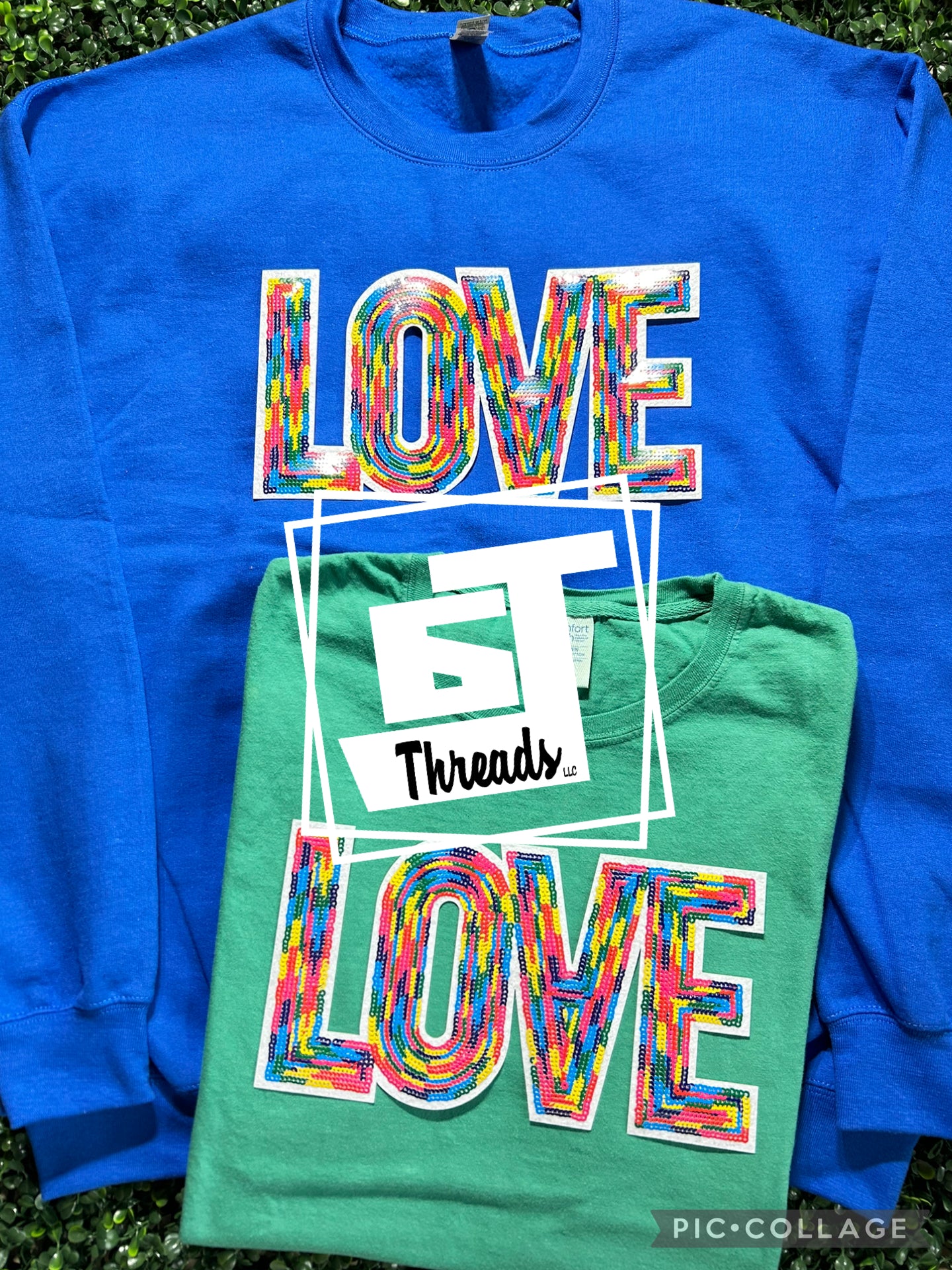 sequin colorful love patch on blue sweatshirt and green shirt