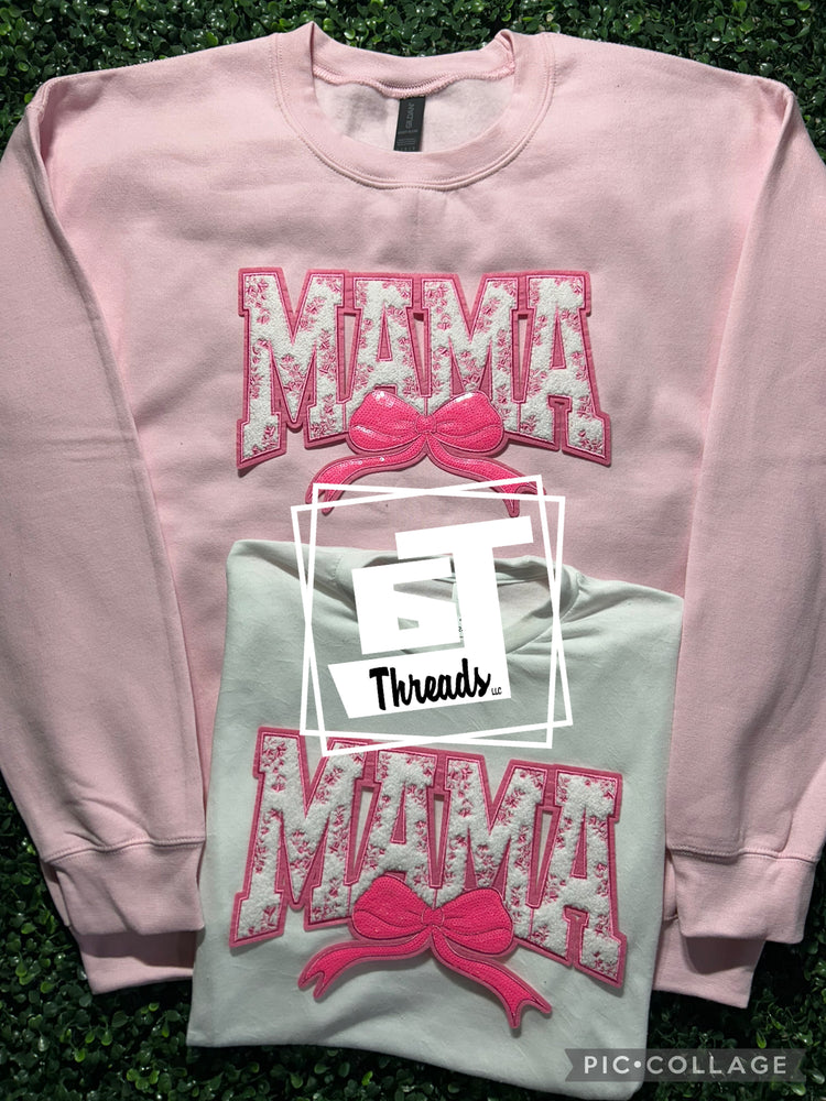 pink floral mama patch on pink sweatshirt and white shirt