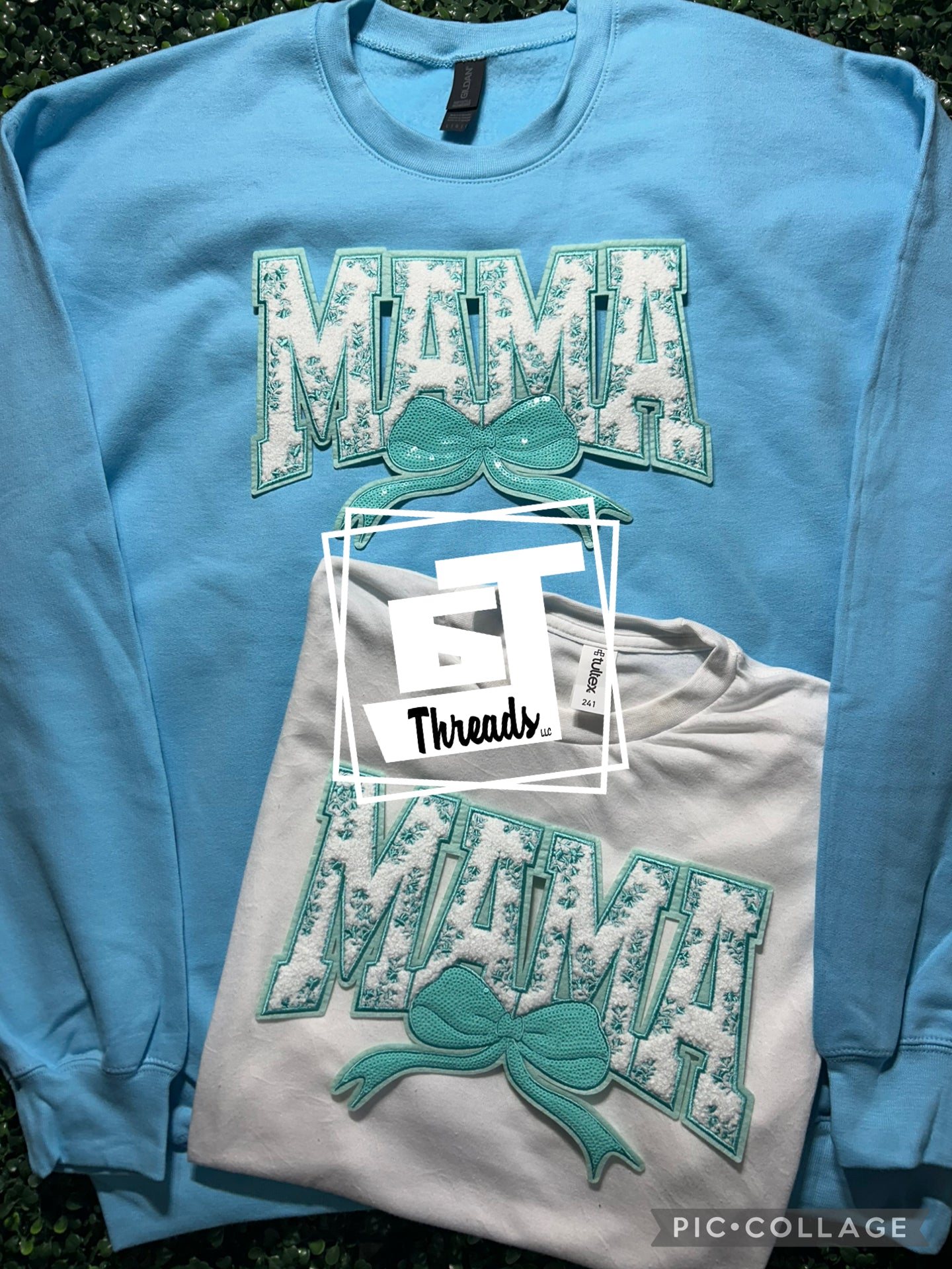blue floral mama patch on light blue sweatshirt and white shirt