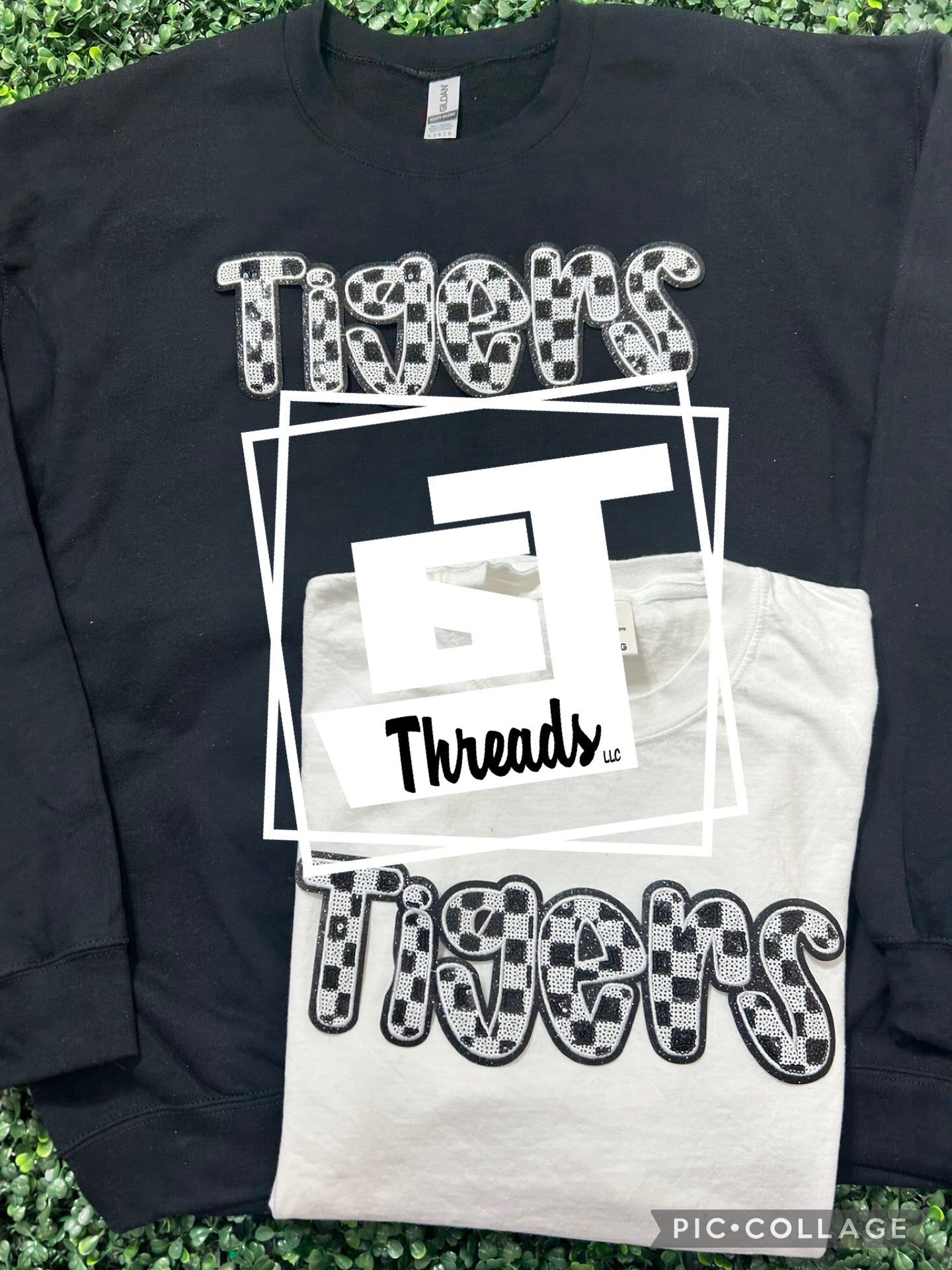 sequin checkered tigers patch on black sweatshirt and white shirt