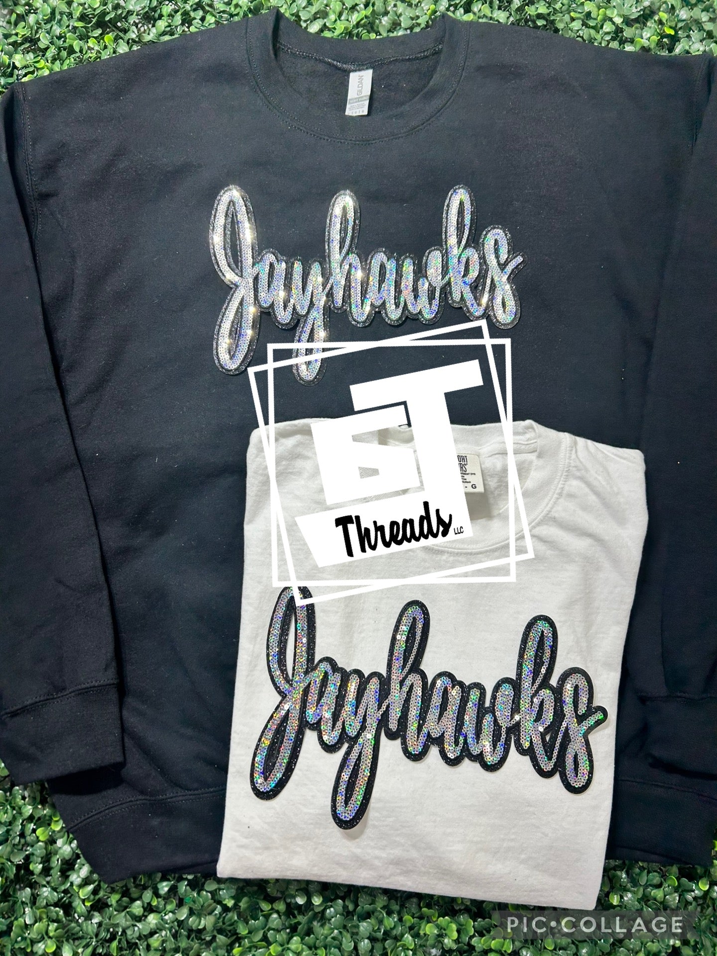 cursive sequin jayhawks patch on black sweatshirt and white shirt