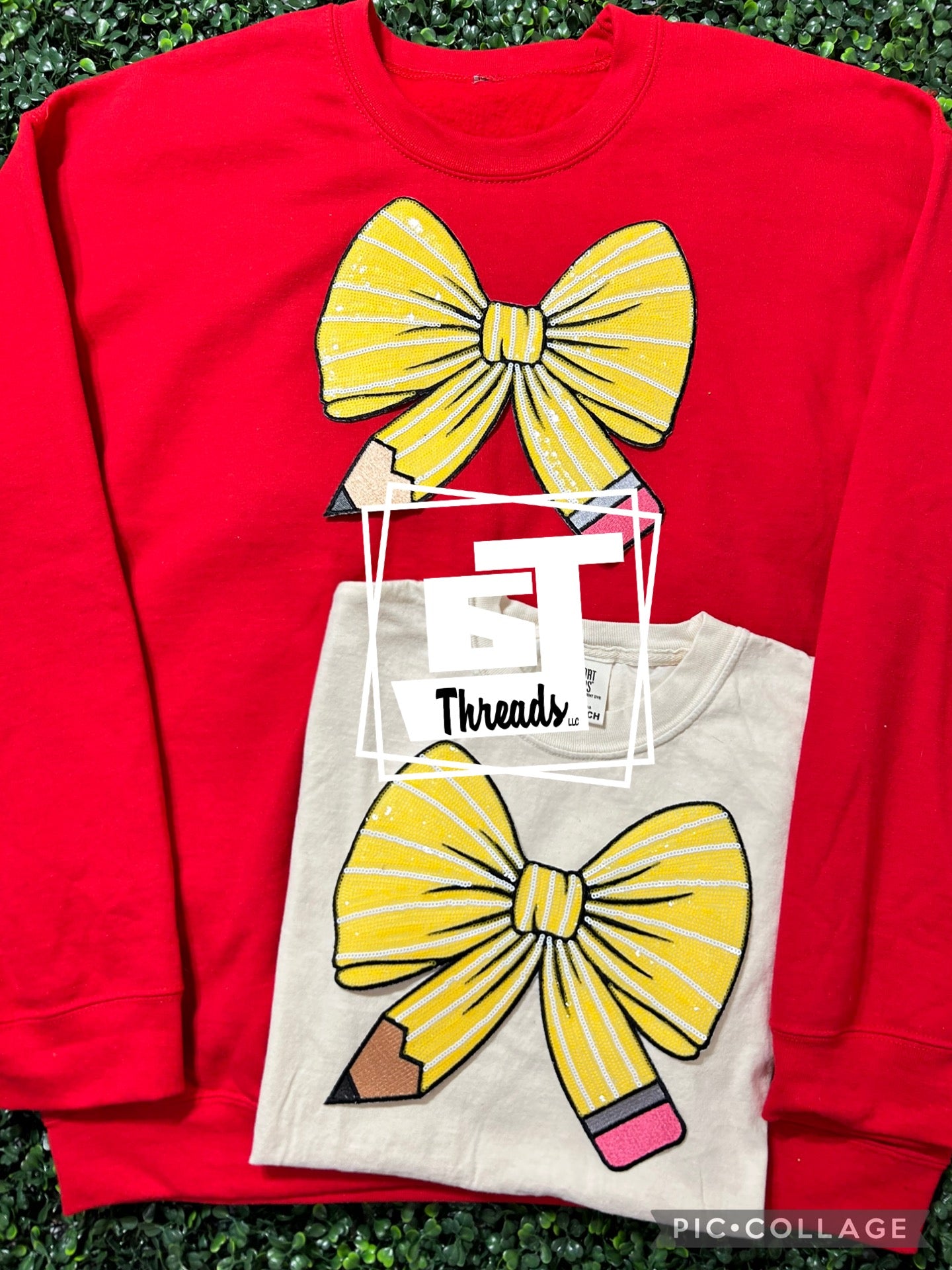 sequin pencil bow patch on red sweatshirt and ivory shirt