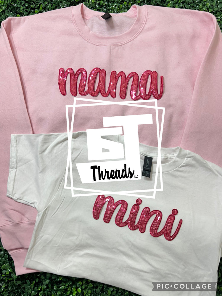 sequin mama and mini shirt on pink sweatshirt and white shirt