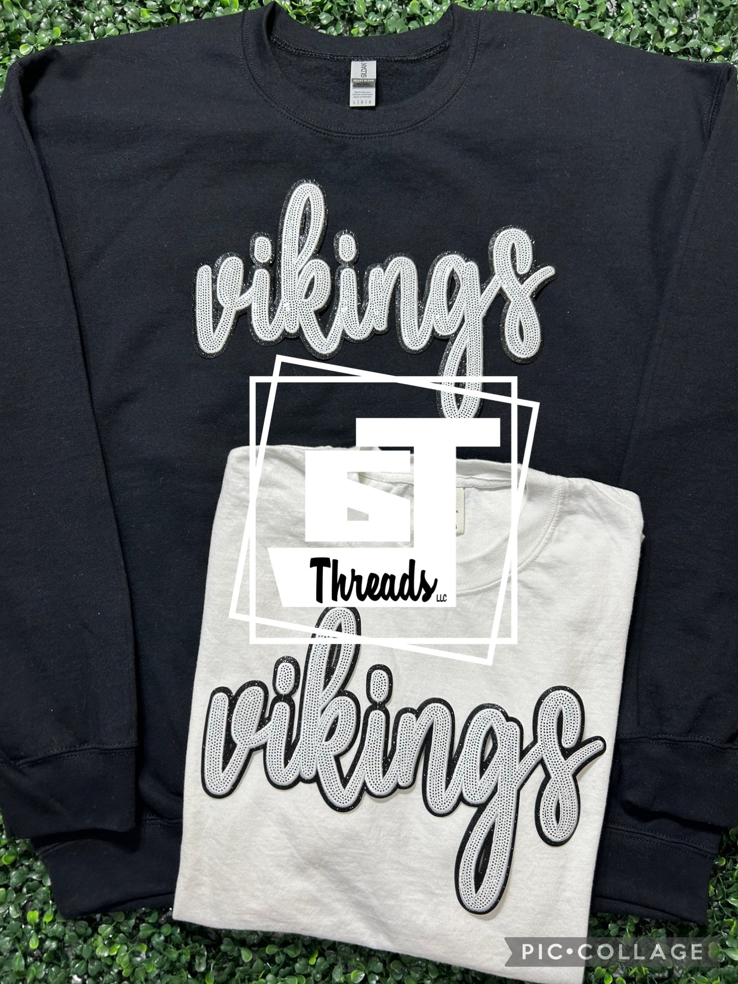 white cursive sequin vikings patch on black sweatshirt and white shirt