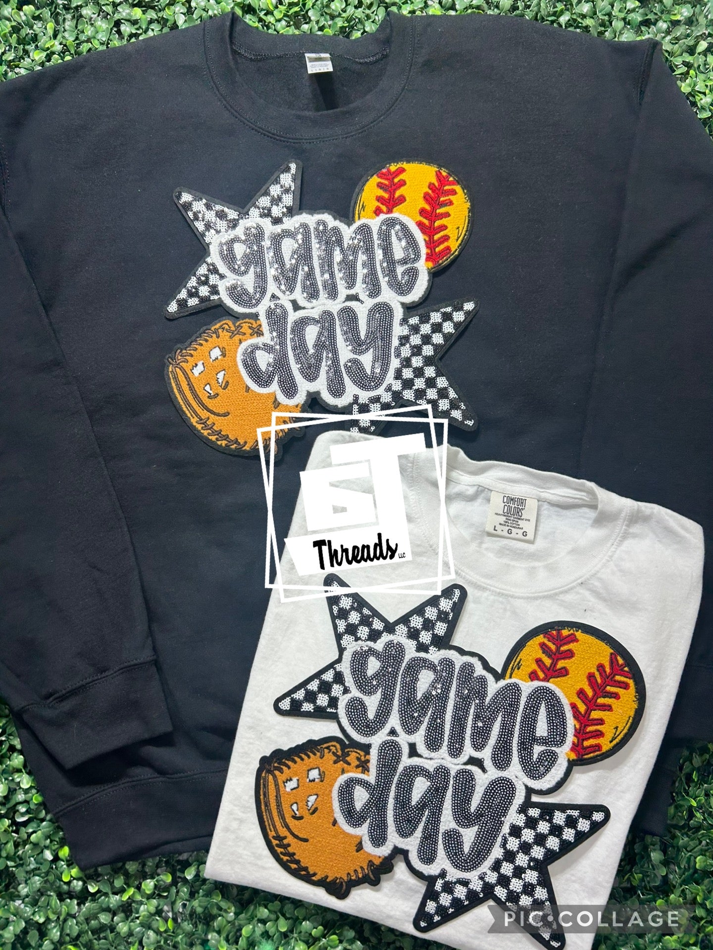 softball checkered star game day iron on patch black sweatshirt white shirt