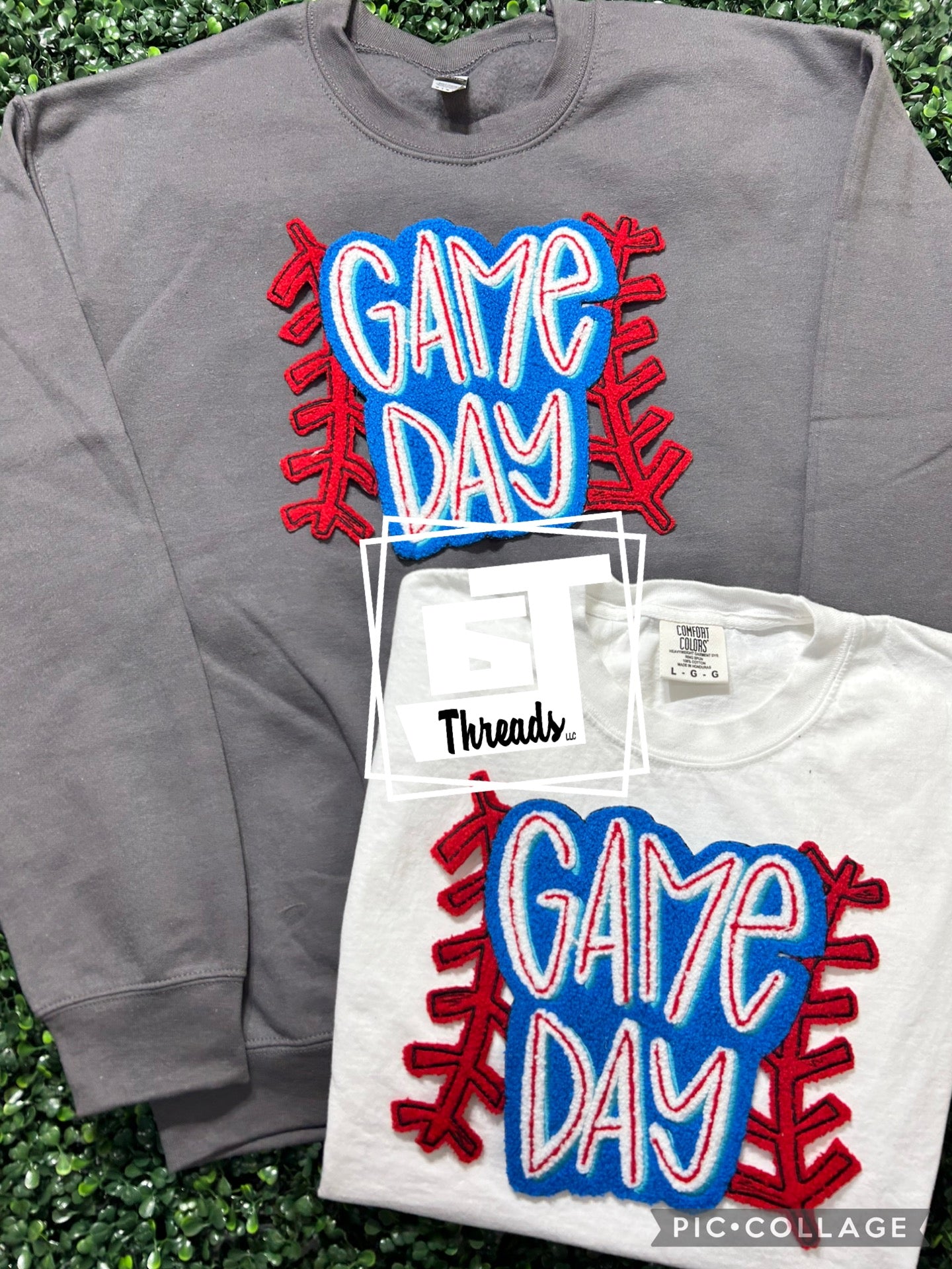 blue and red baseball game day iron on patch gray sweatshirt white shirt