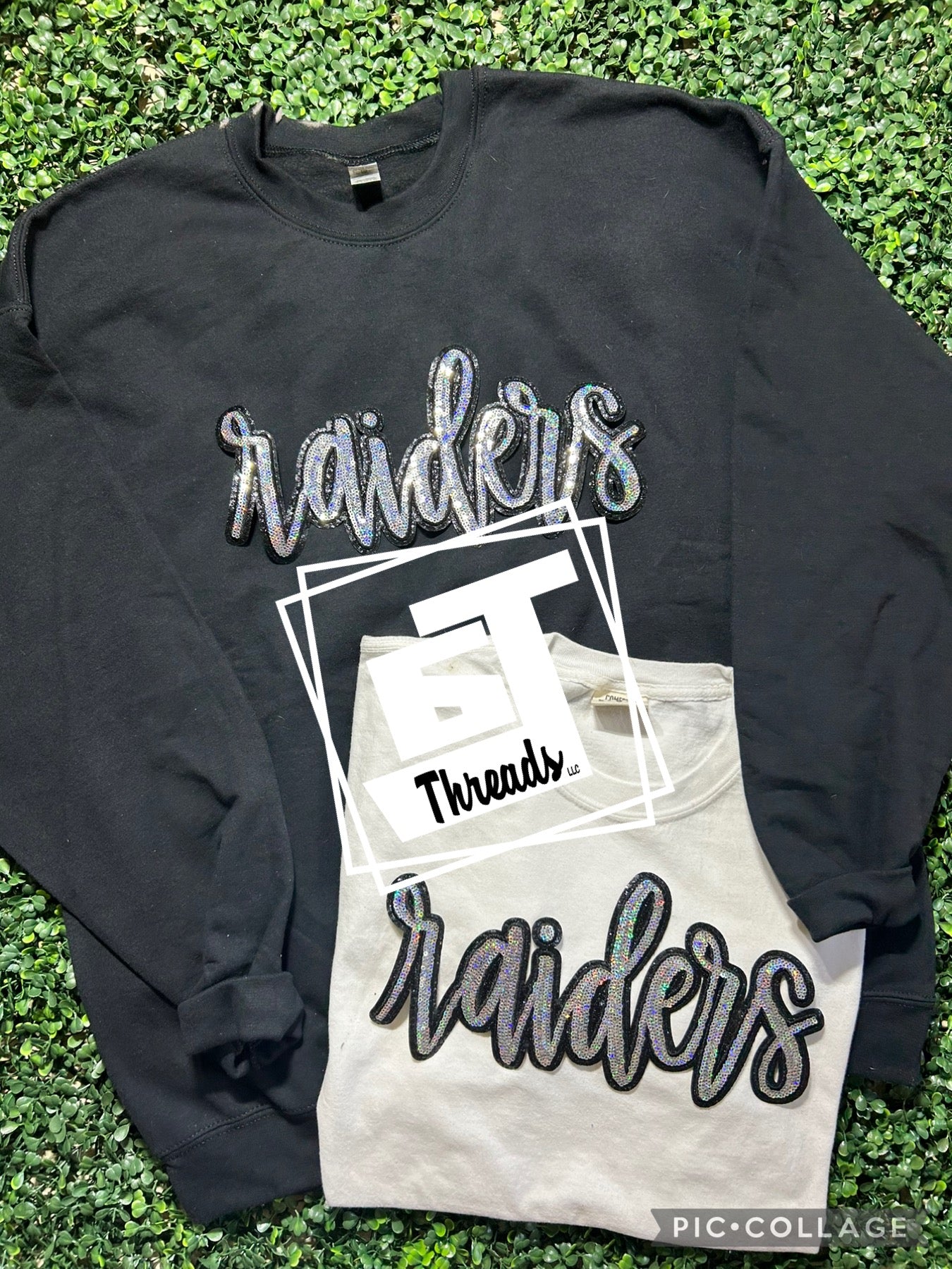 cursive sequin raiders patch on black sweatshirt and white shirt