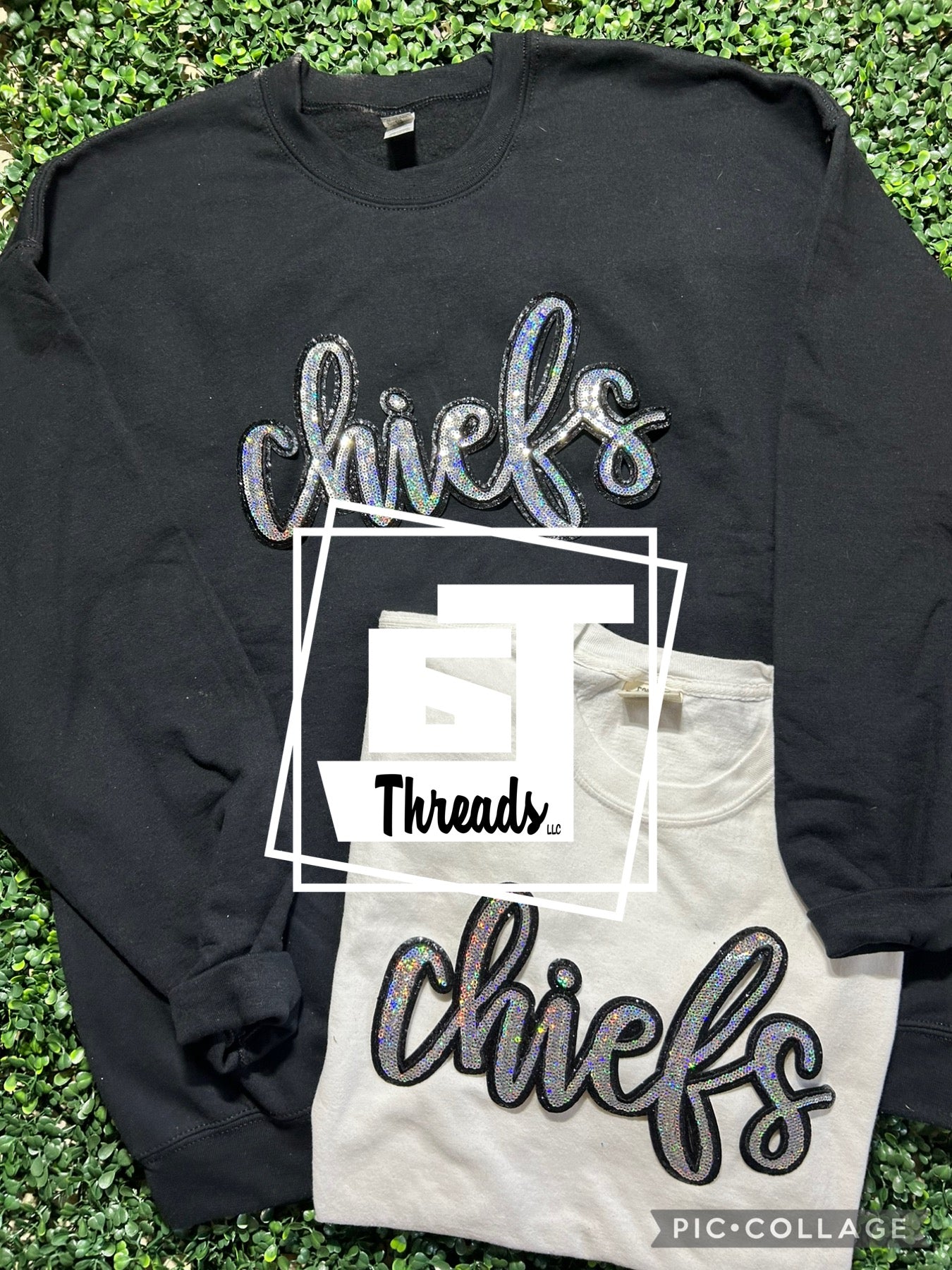 cursive sequin chiefs patch on black sweatshirt and white shirt