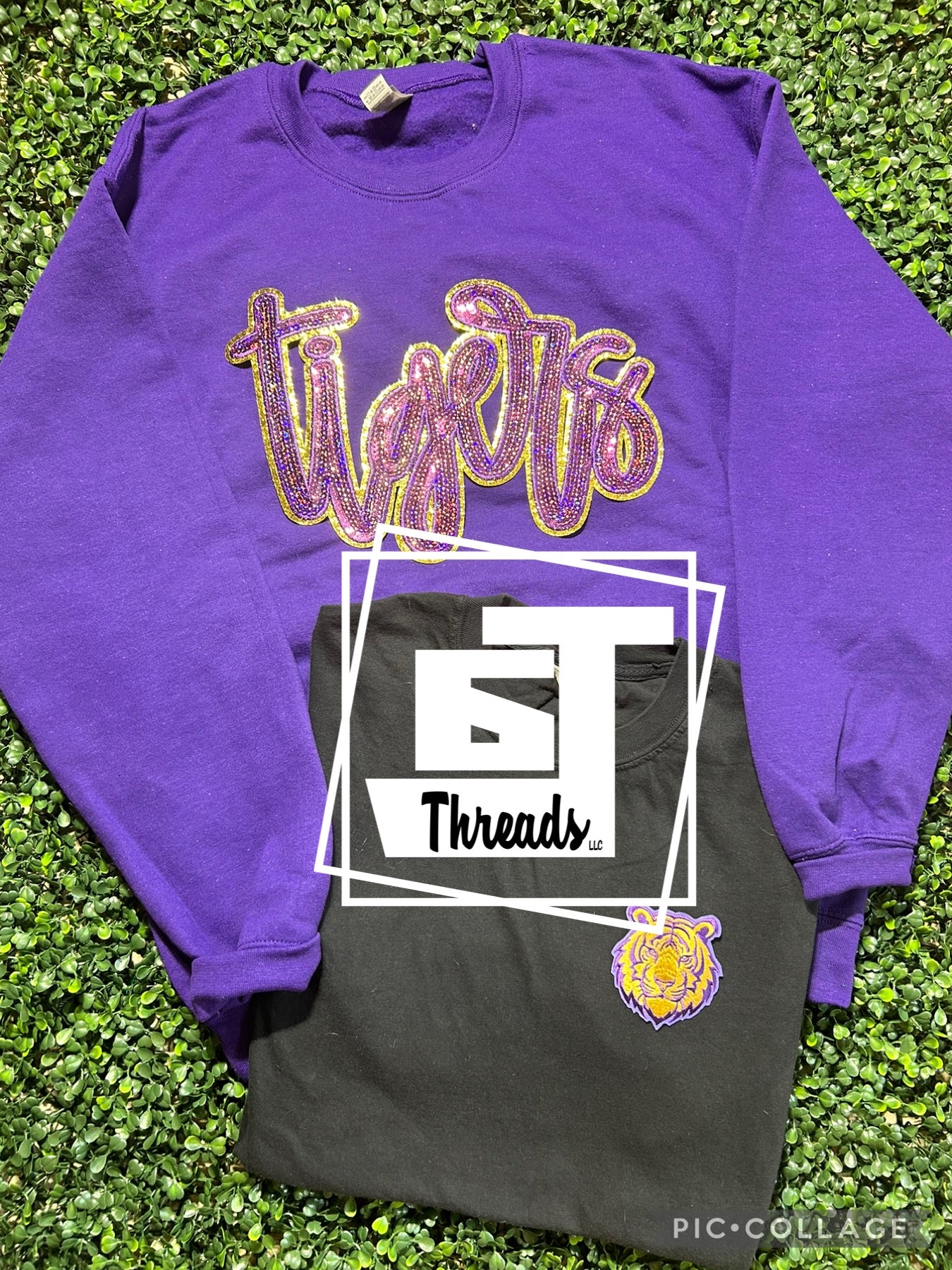 purple and gold cursive sequin tigers patch on purple sweatshirt