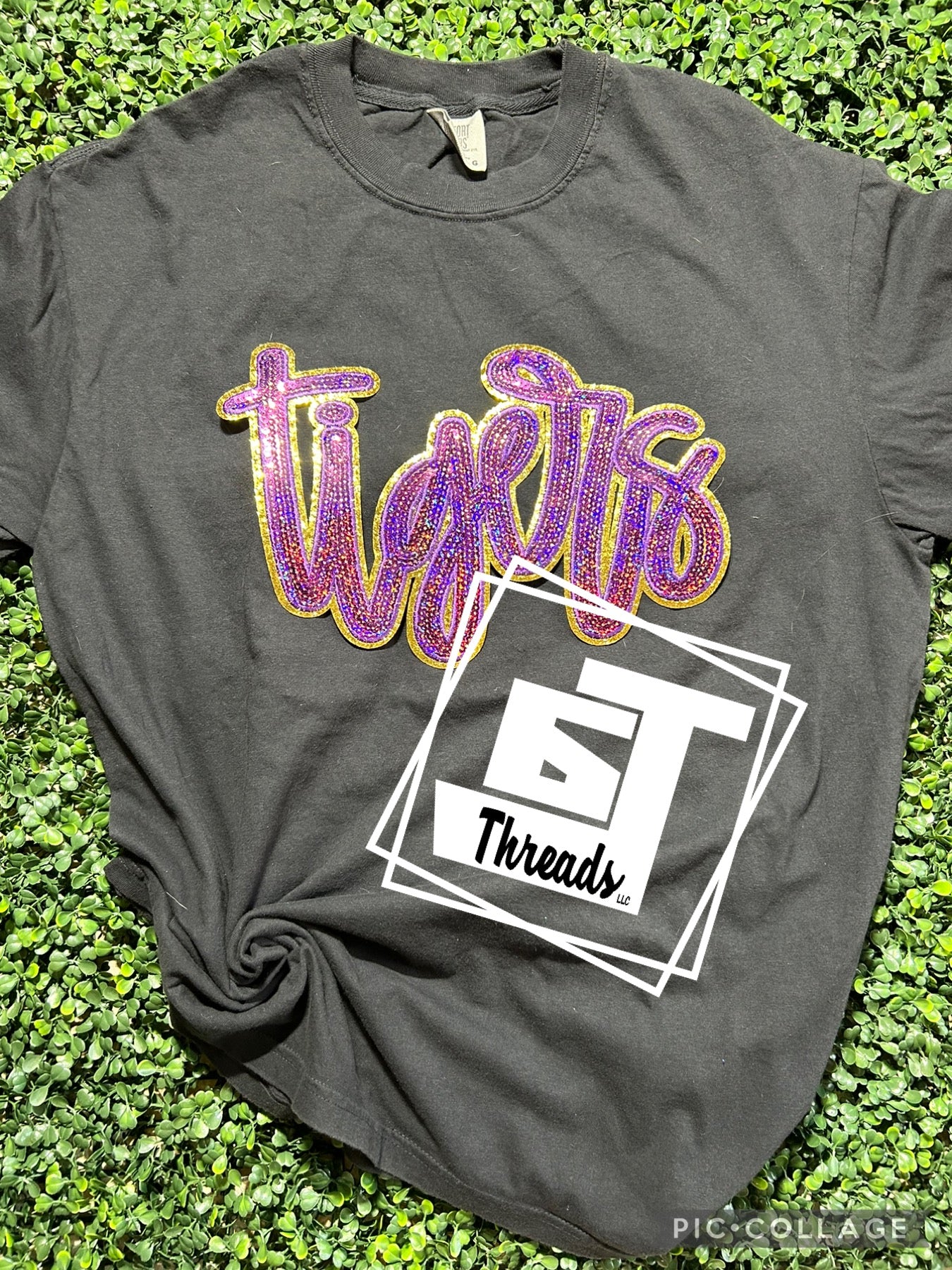 purple and gold sequin cursive tigers patch on black shirt