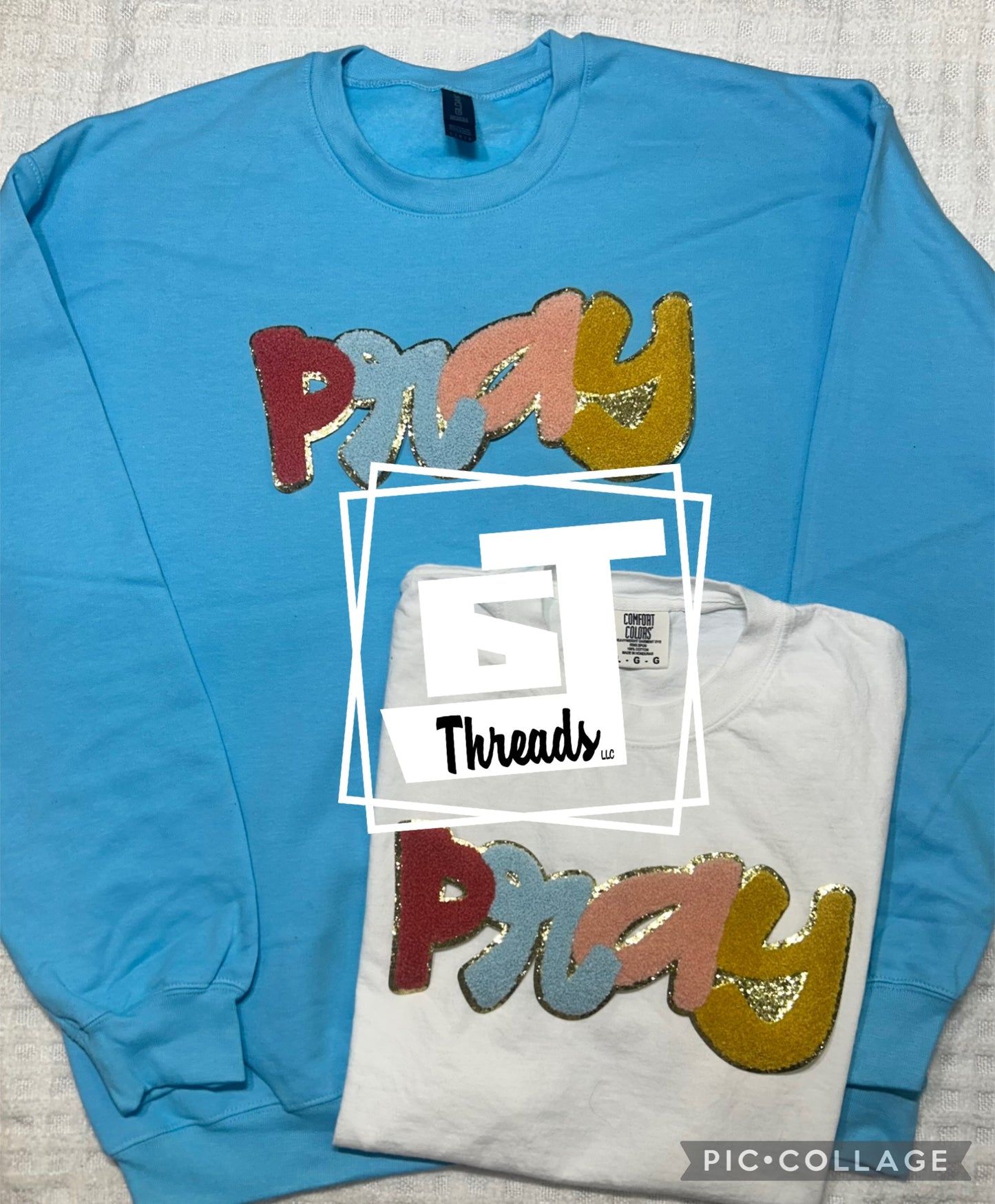 Chenille pray on blue crewneck with white tee shirt
