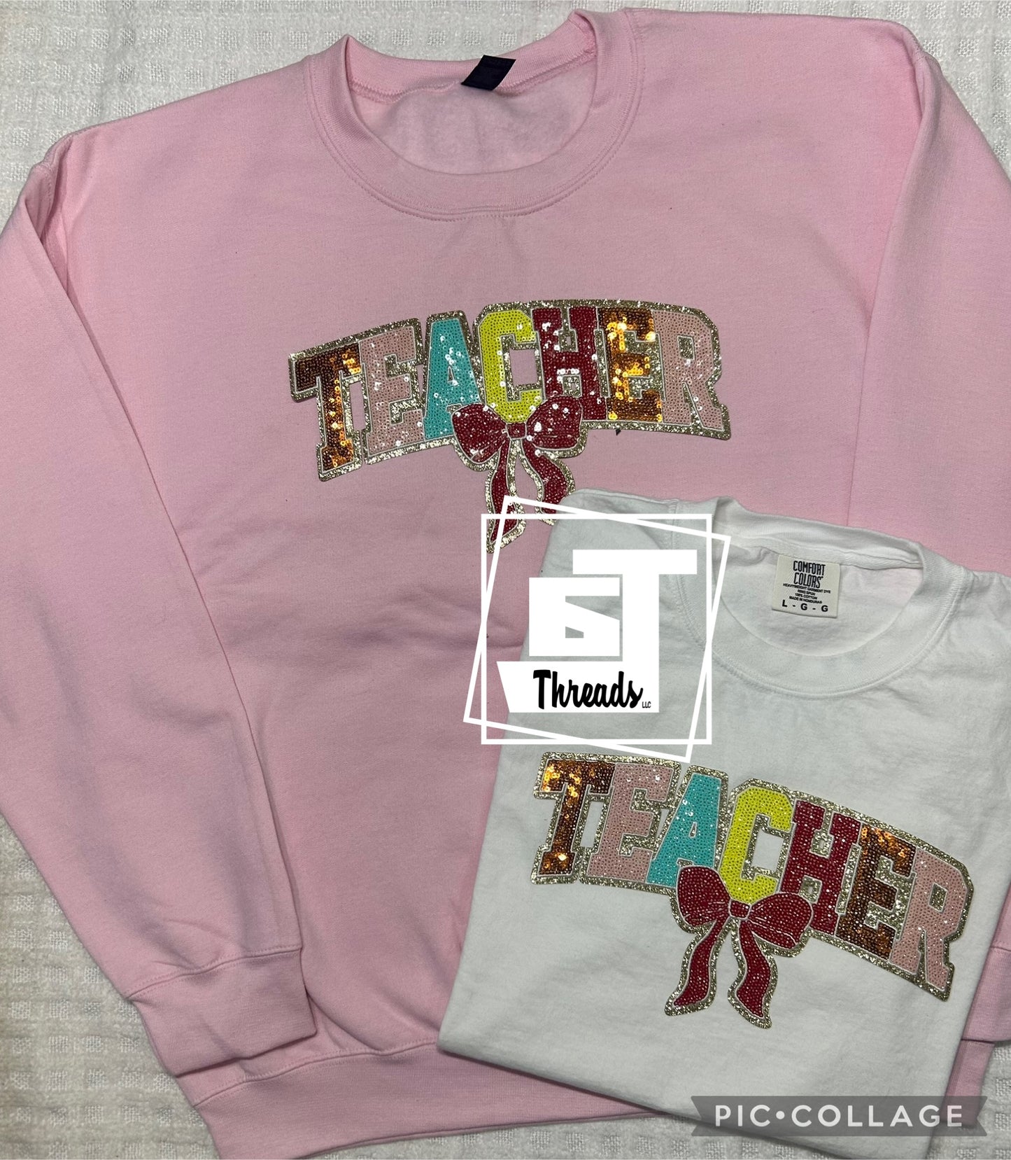 Sequins teacher with bow on link crewneck and white tee