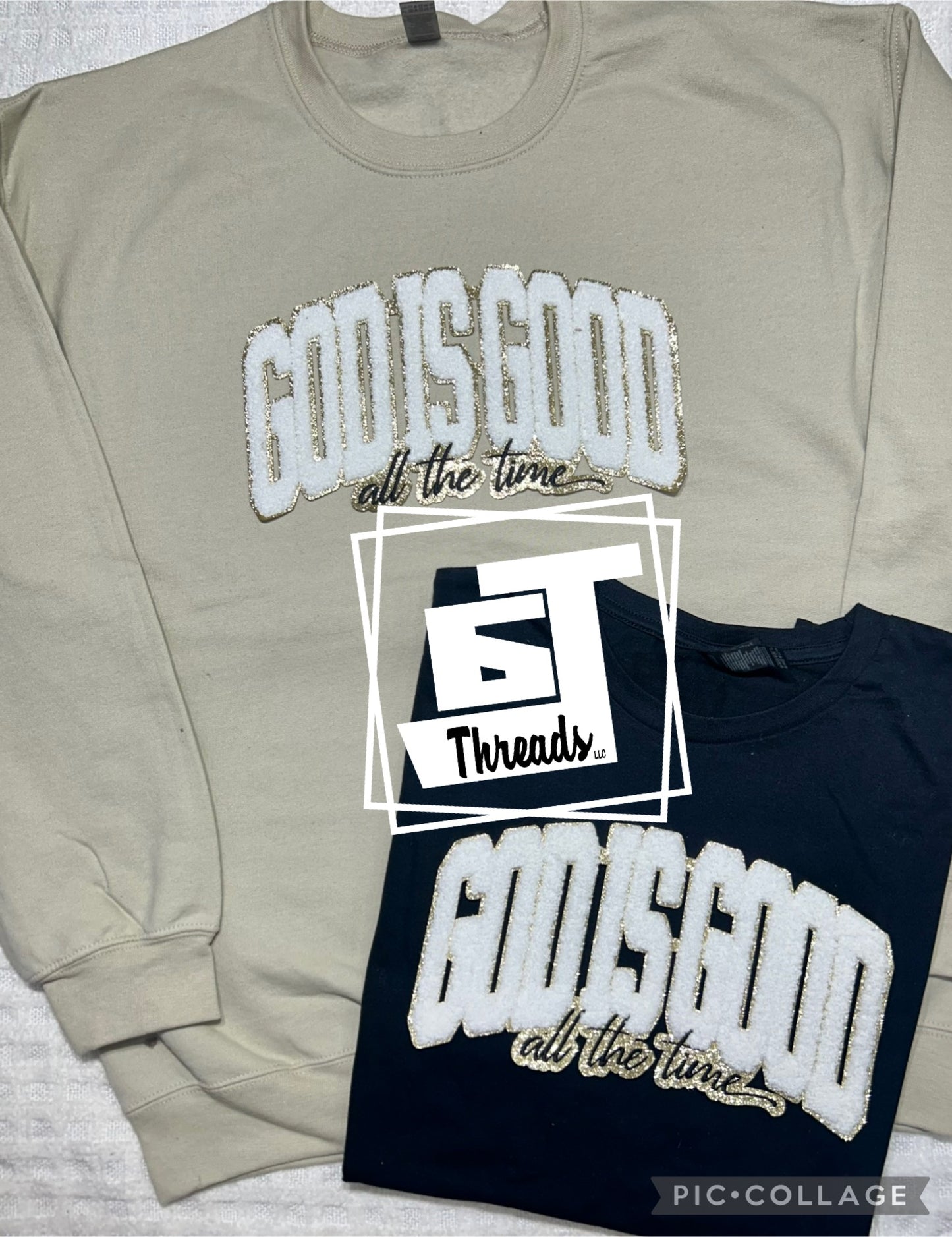 God is good chenille patch on sand crewneck and black tee shirt