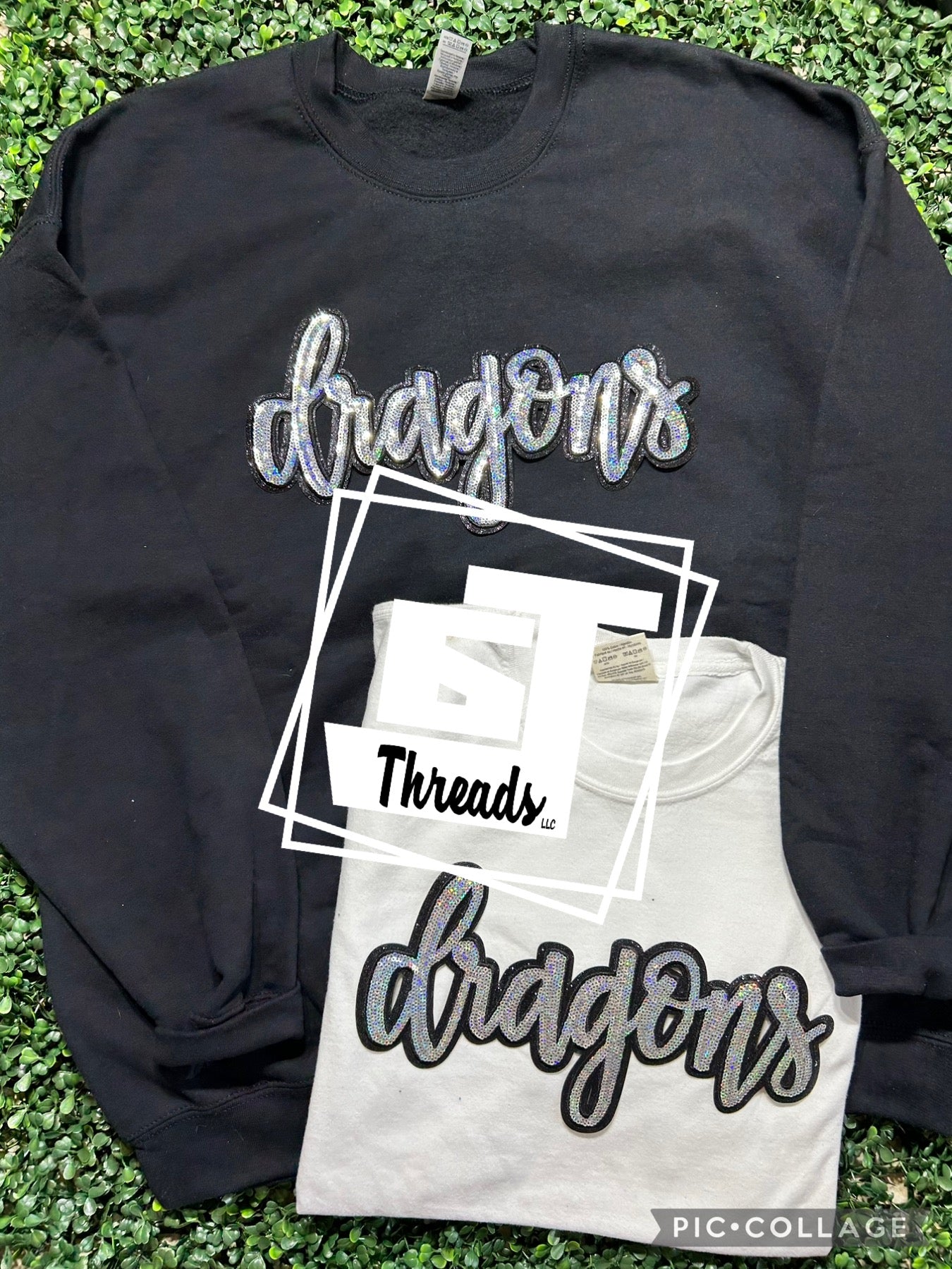 cursive sequin dragons patch on black sweatshirt and white shirt