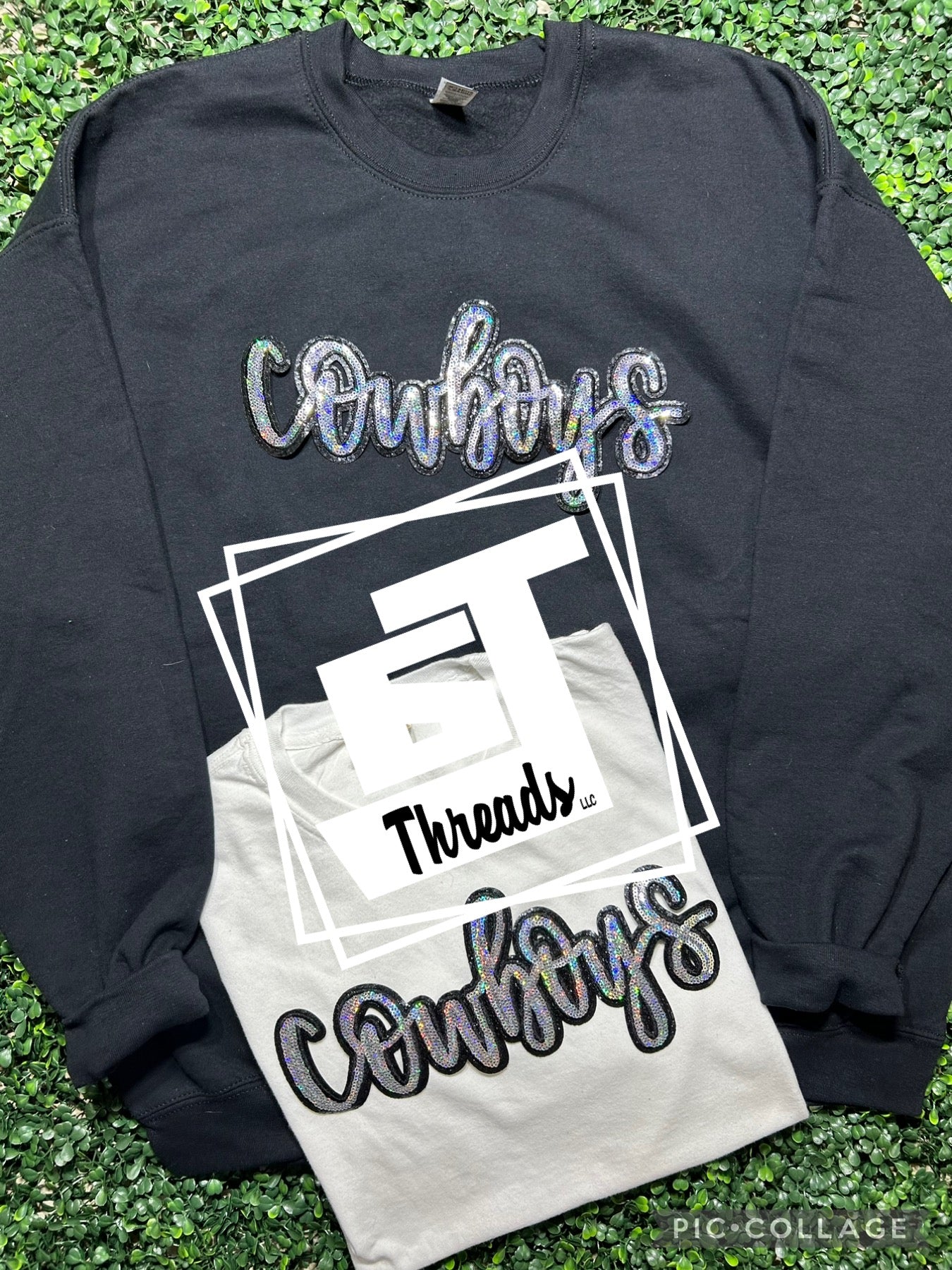 cursive sequin cowboys patch on black sweatshirt and white shirt