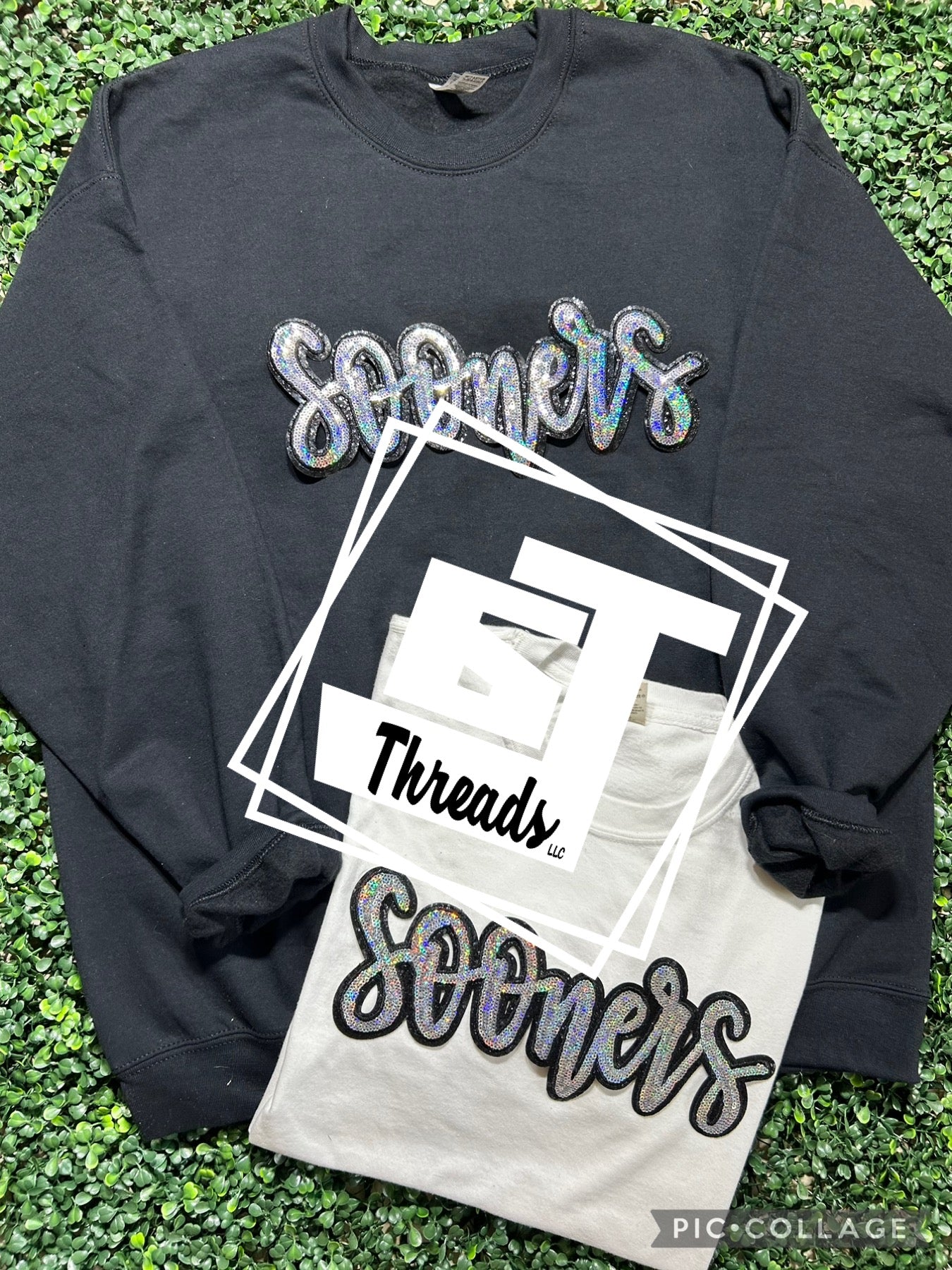 cursive sequin sooners patch on black sweatshirt and white shirt