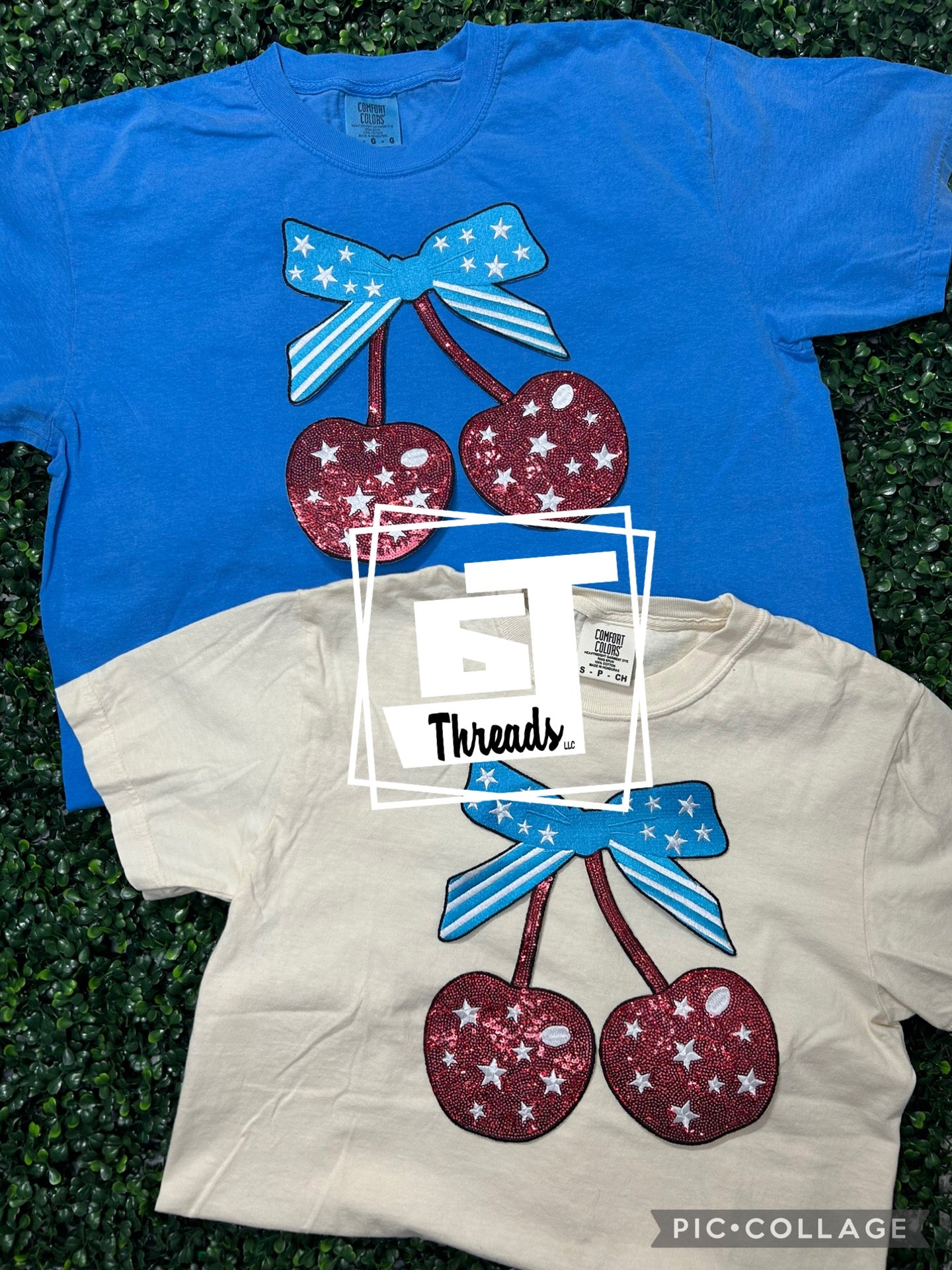 Fourth of July sequence cherries on a blue and cream T-shirt