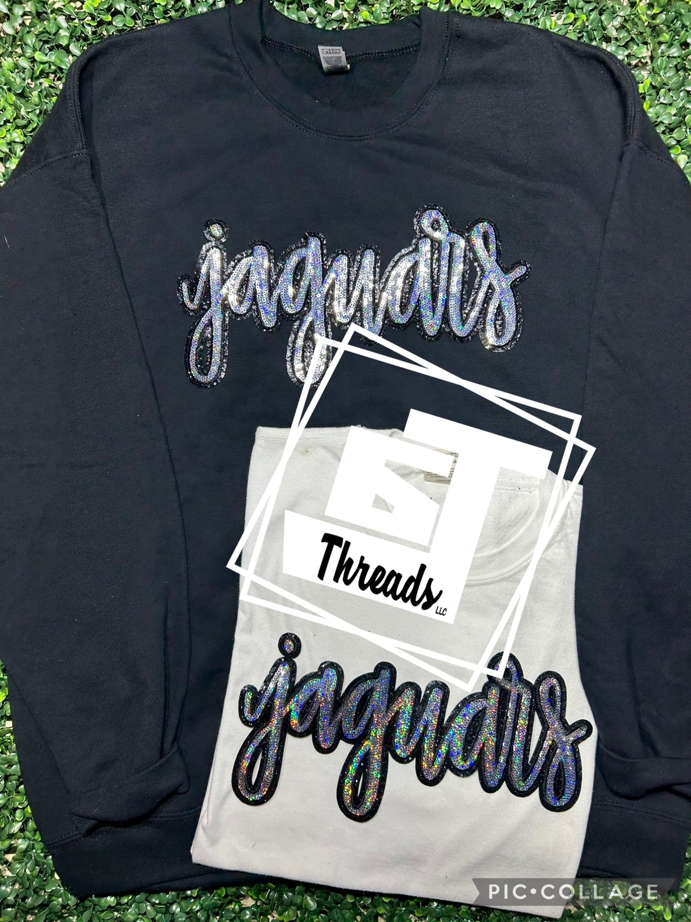 cursive sequin jaguars patch on black sweatshirt and white shirt