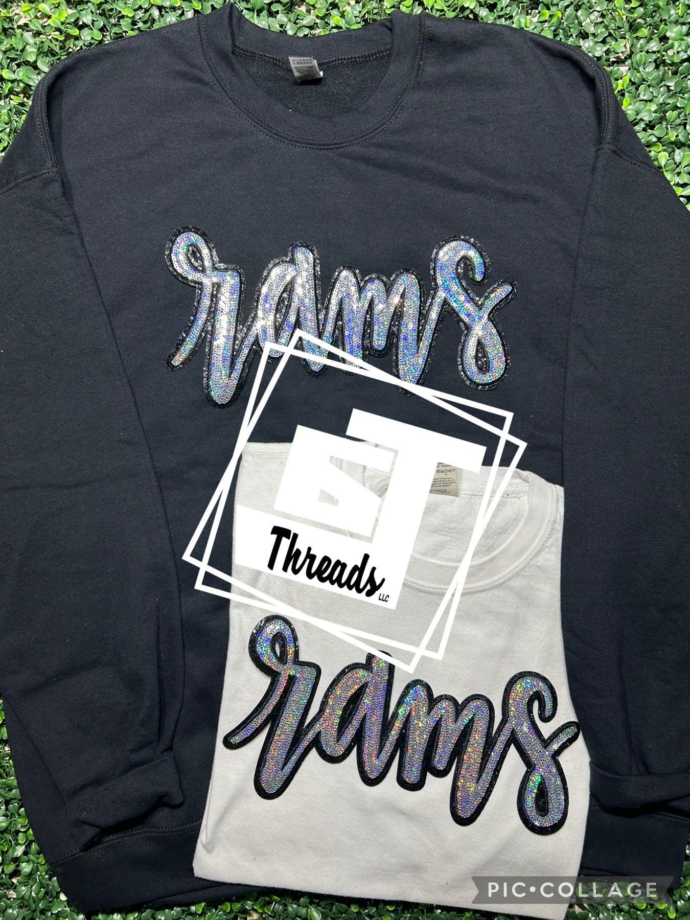 cursive sequin rams patch and black sweatshirt and white shirt