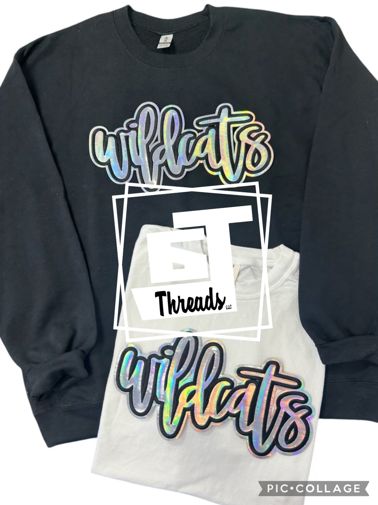 Silver metallic cursive wildcats on black sweatshirt and a white T-shirt
