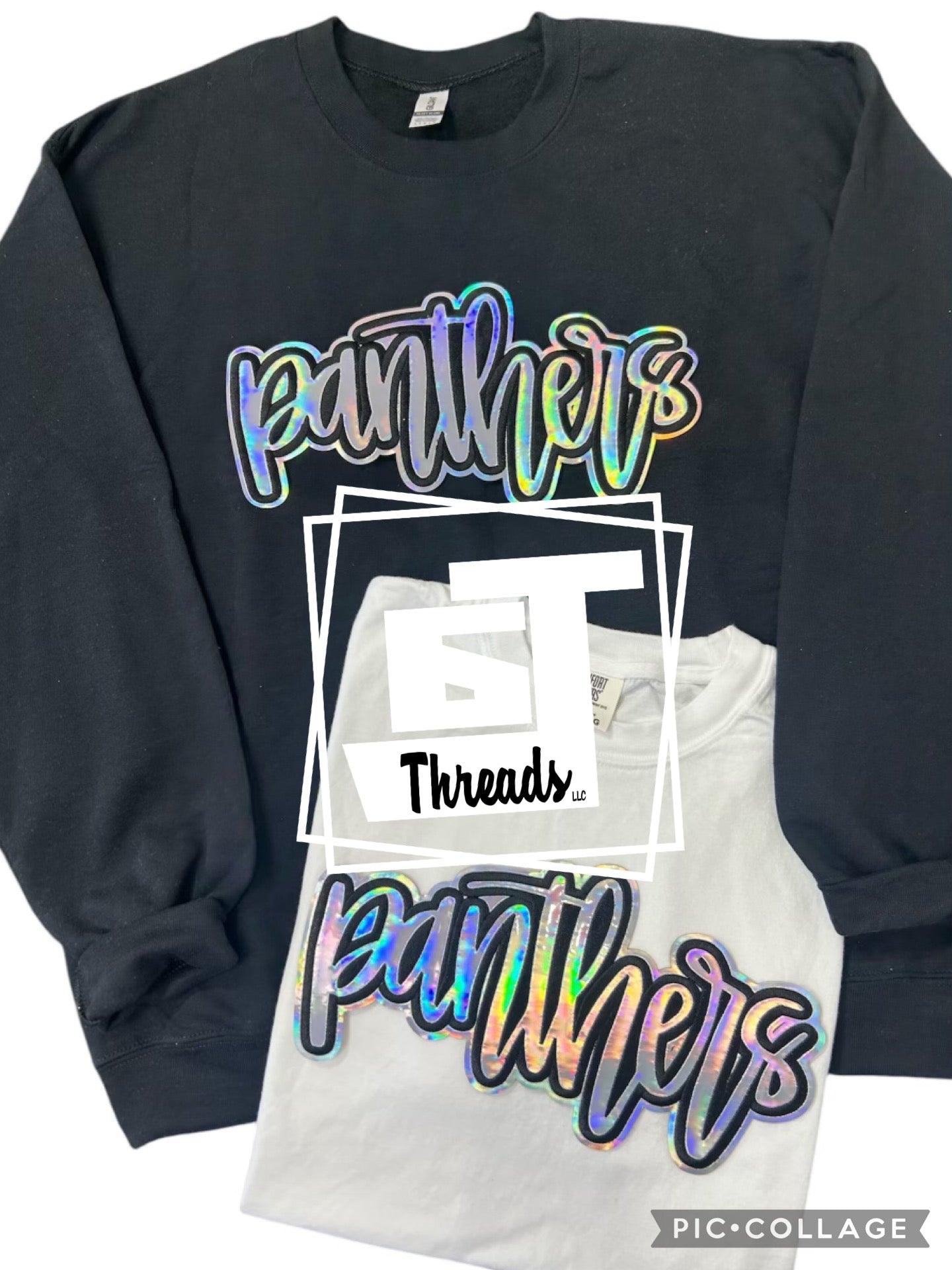 Silver metallic cursive panthers on a black sweat, sweatshirt and white T-shirt