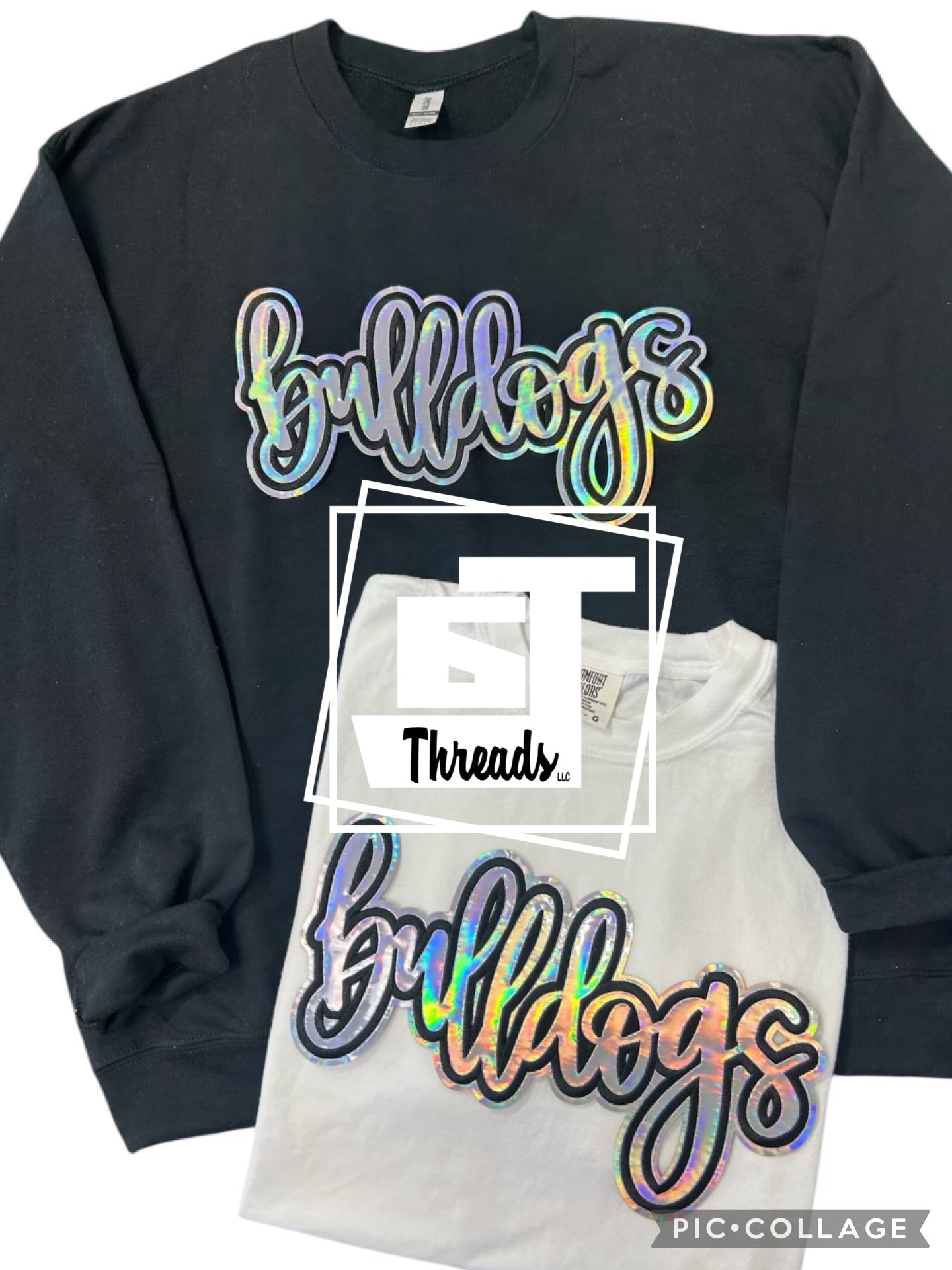 Silver metallic cursive bulldogs on a black sweatshirt and white T-shirt