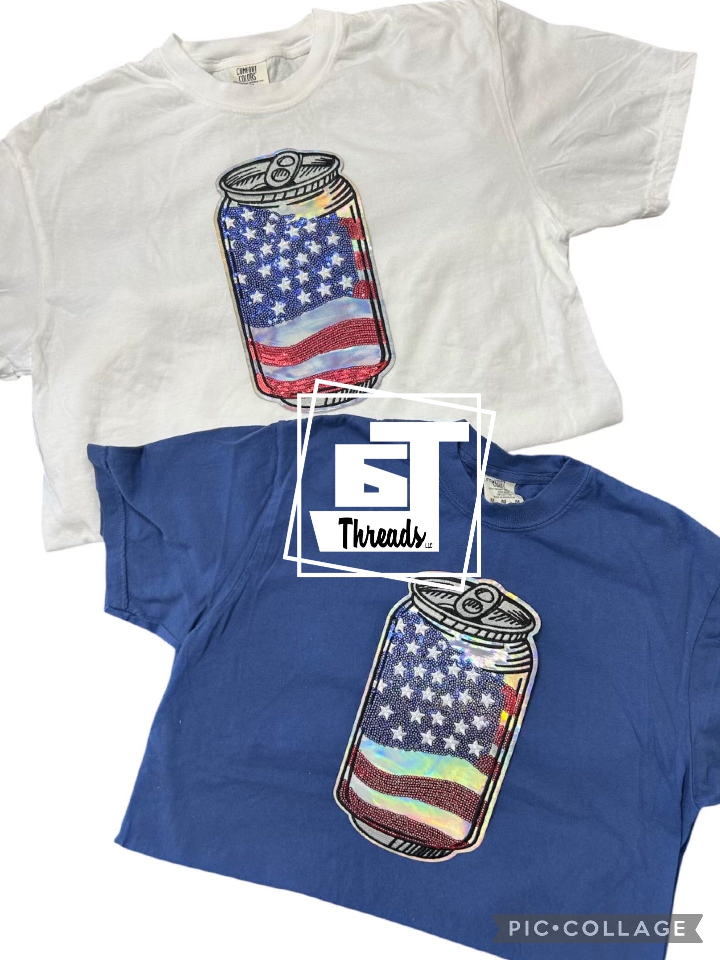 Metallic American can on a white and navy T-shirt