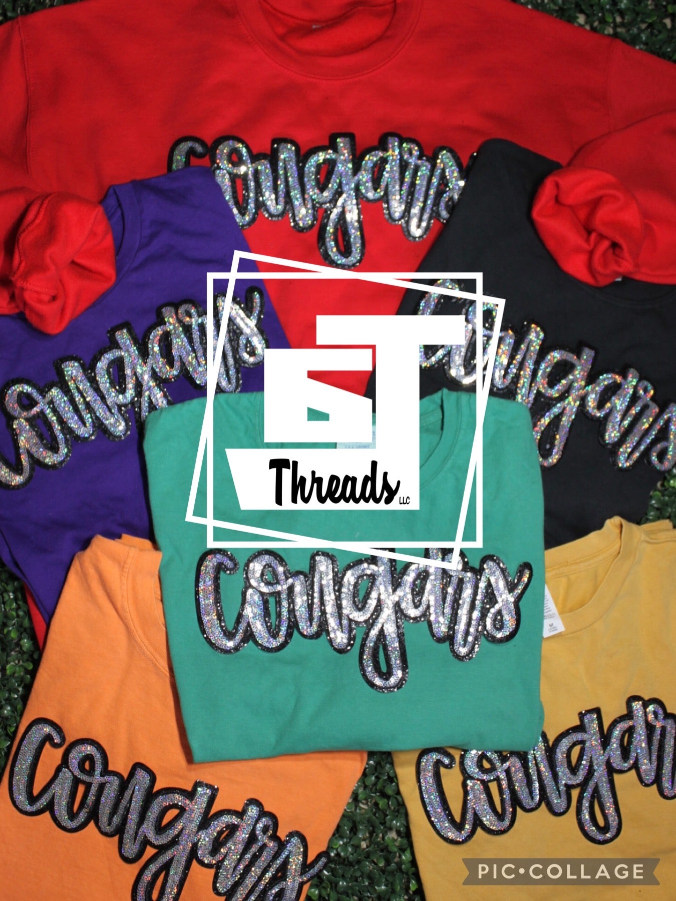 cursive sequin cougars patch on colorful shirts