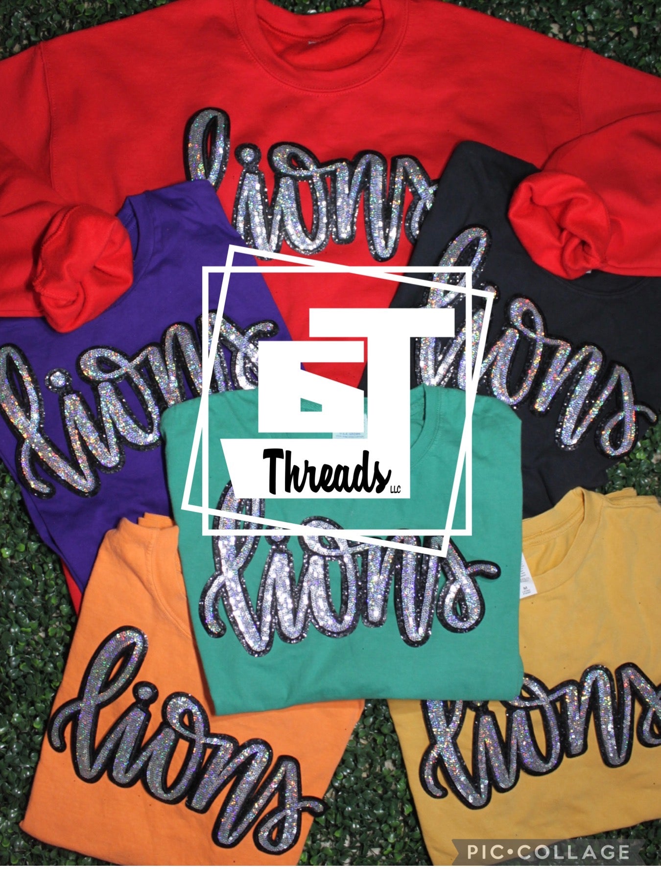 cursive sequin lions patch on colorful shirts