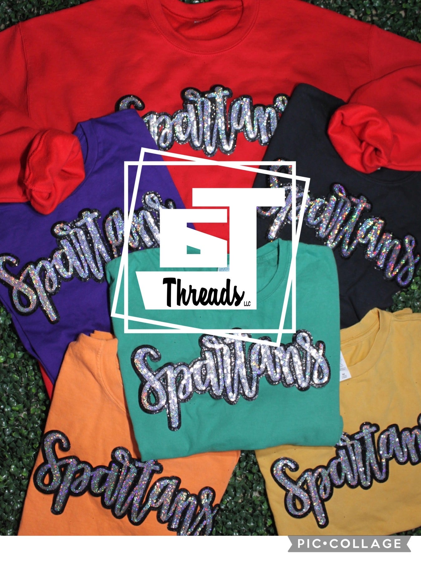 cursive sequin spartans patch on colorful shirts