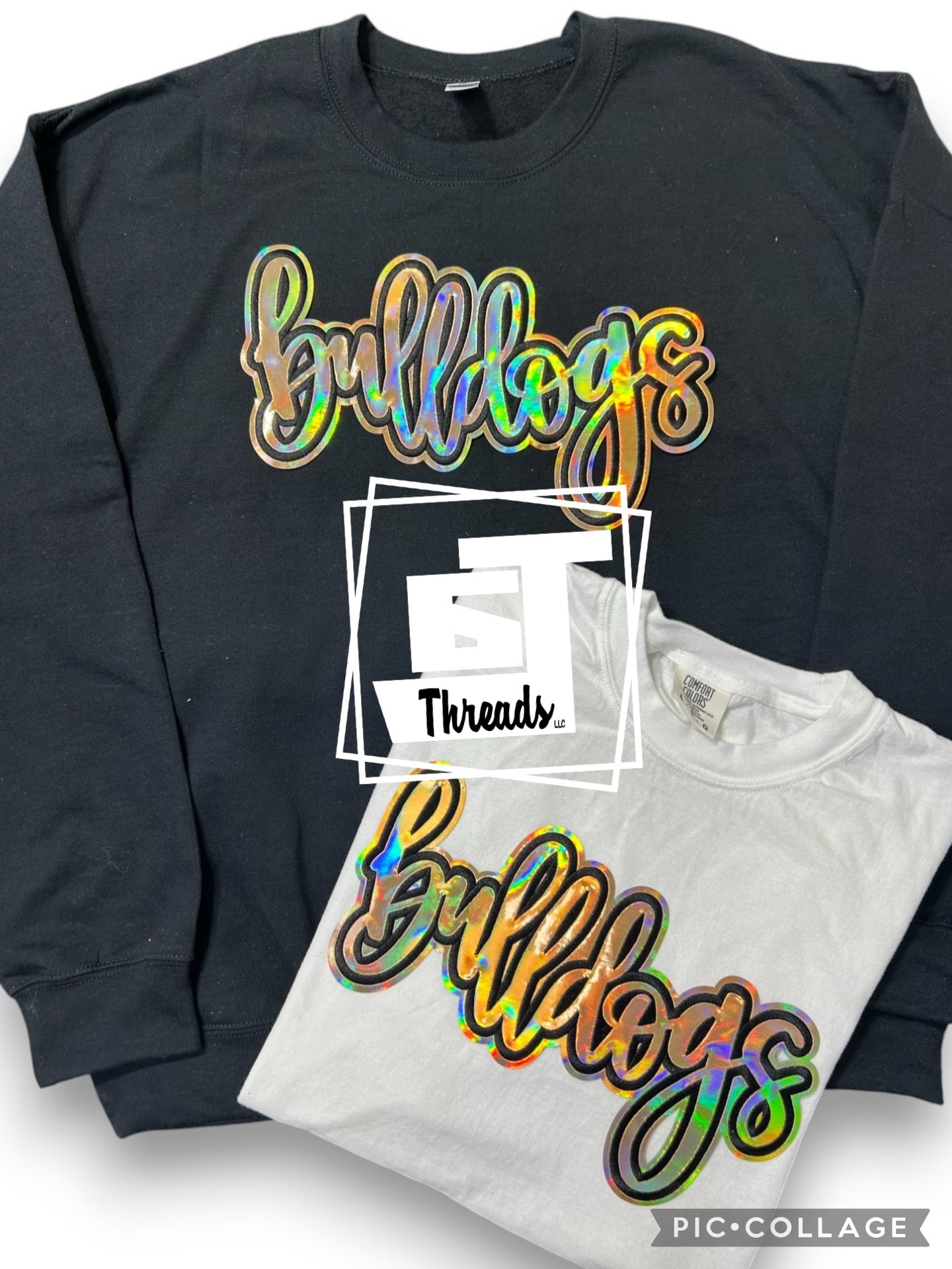 Gold, metallic cursive bulldog patch on a black sweatshirt and a white T-shirt