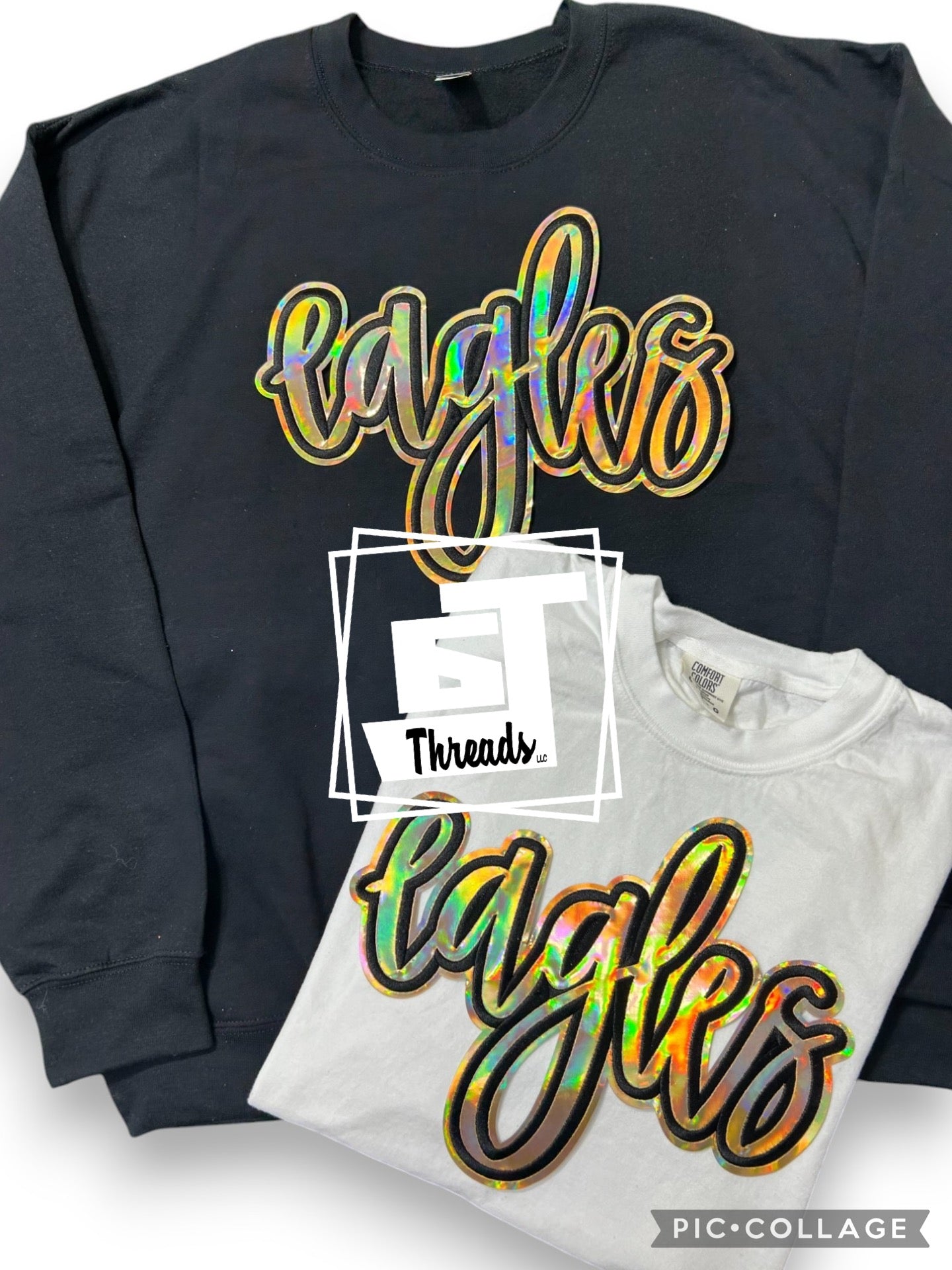 Gold metallic cursive eagle on a black sweatshirt and a white T-shirt