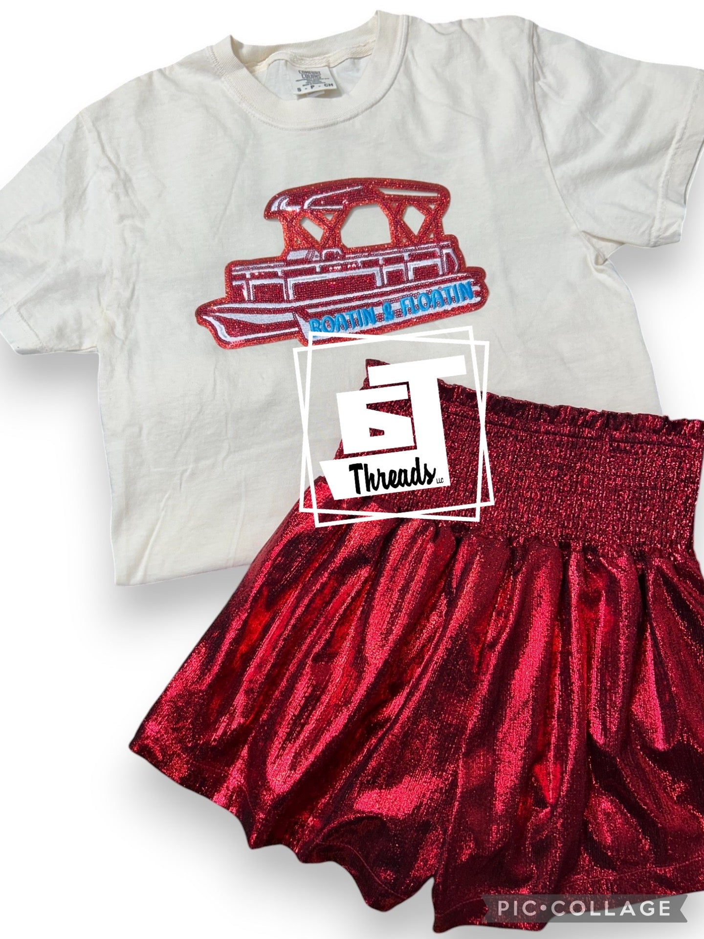 Boatin and Floatin sequin patch on a white T-shirt