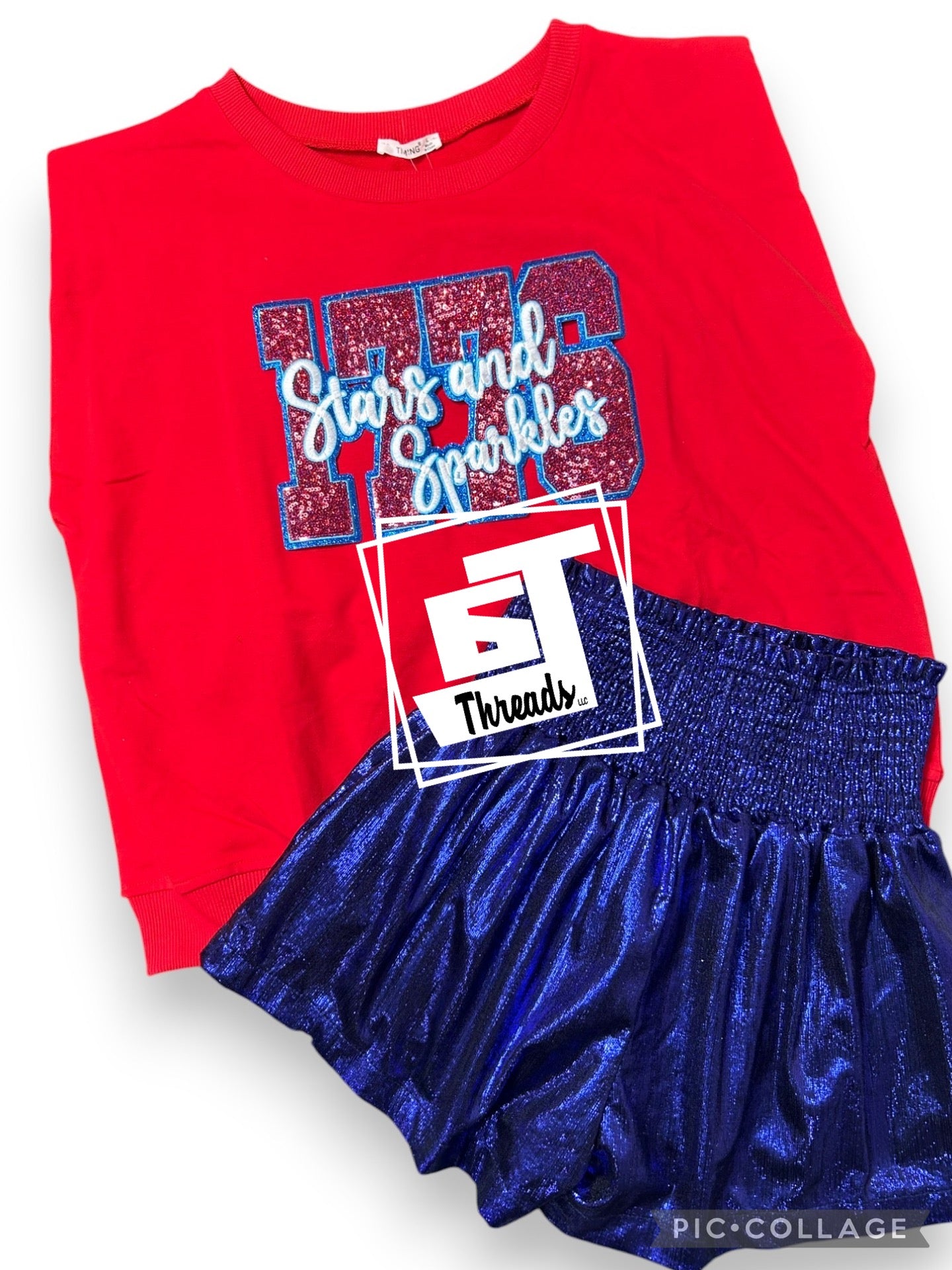 Stars in sparkles 1776 sequence patch on a red muscle T-shirt