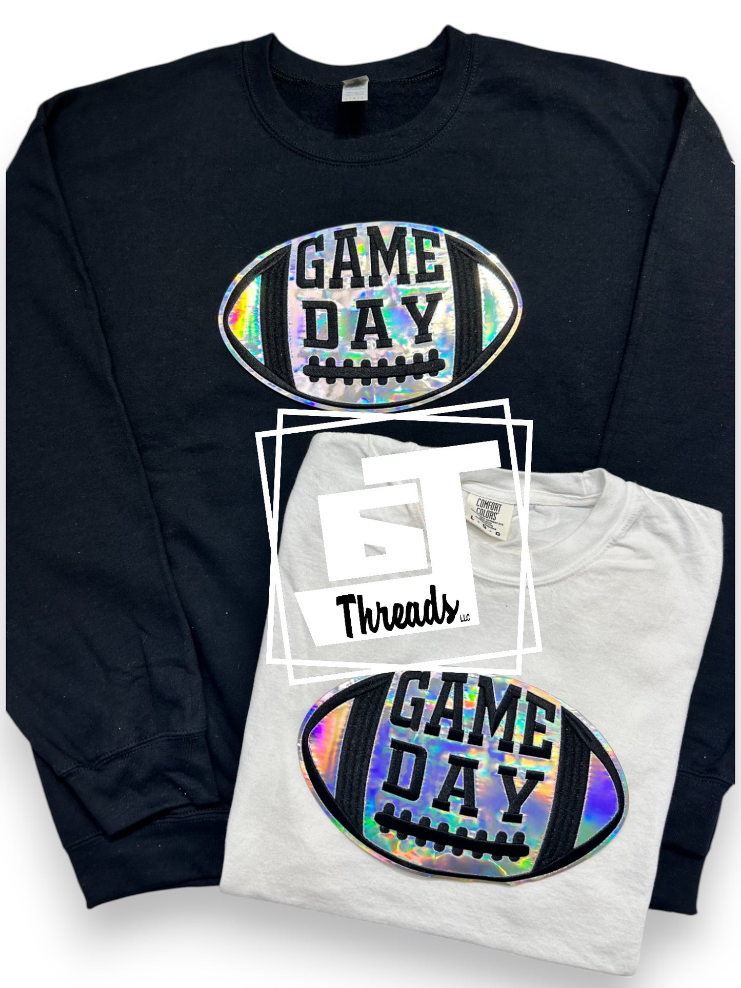 metallic football game day iron on patch black sweatshirt white shirt