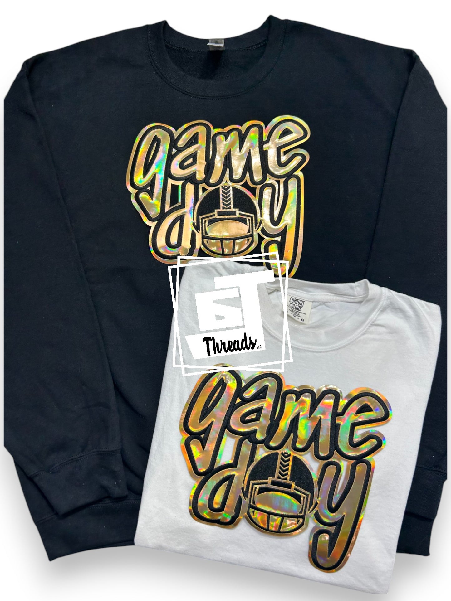 gold metallic football helmet game day iron on patch black sweatshirt white shirt