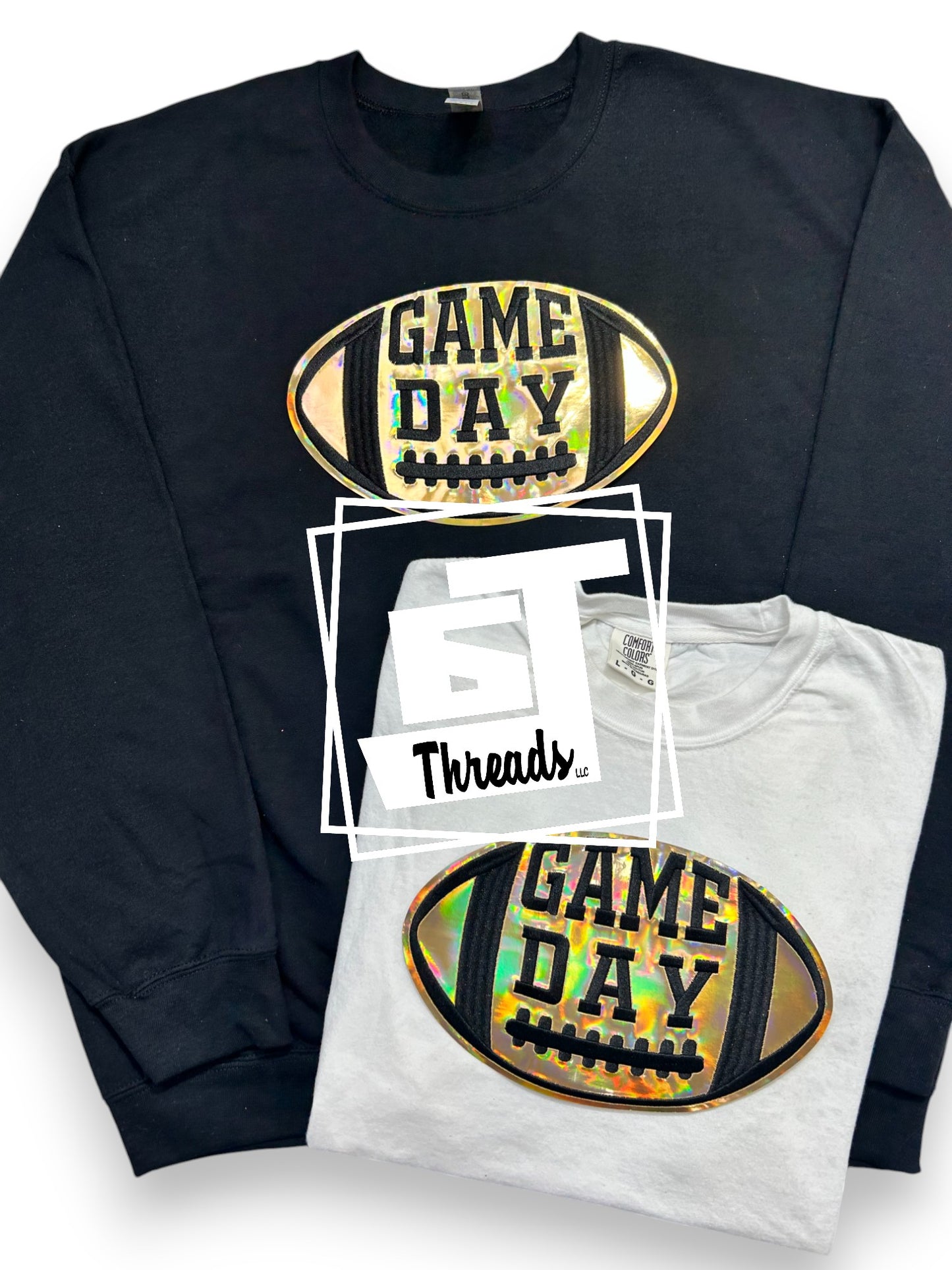 gold metallic football game day iron on patch black sweatshirt white shirt