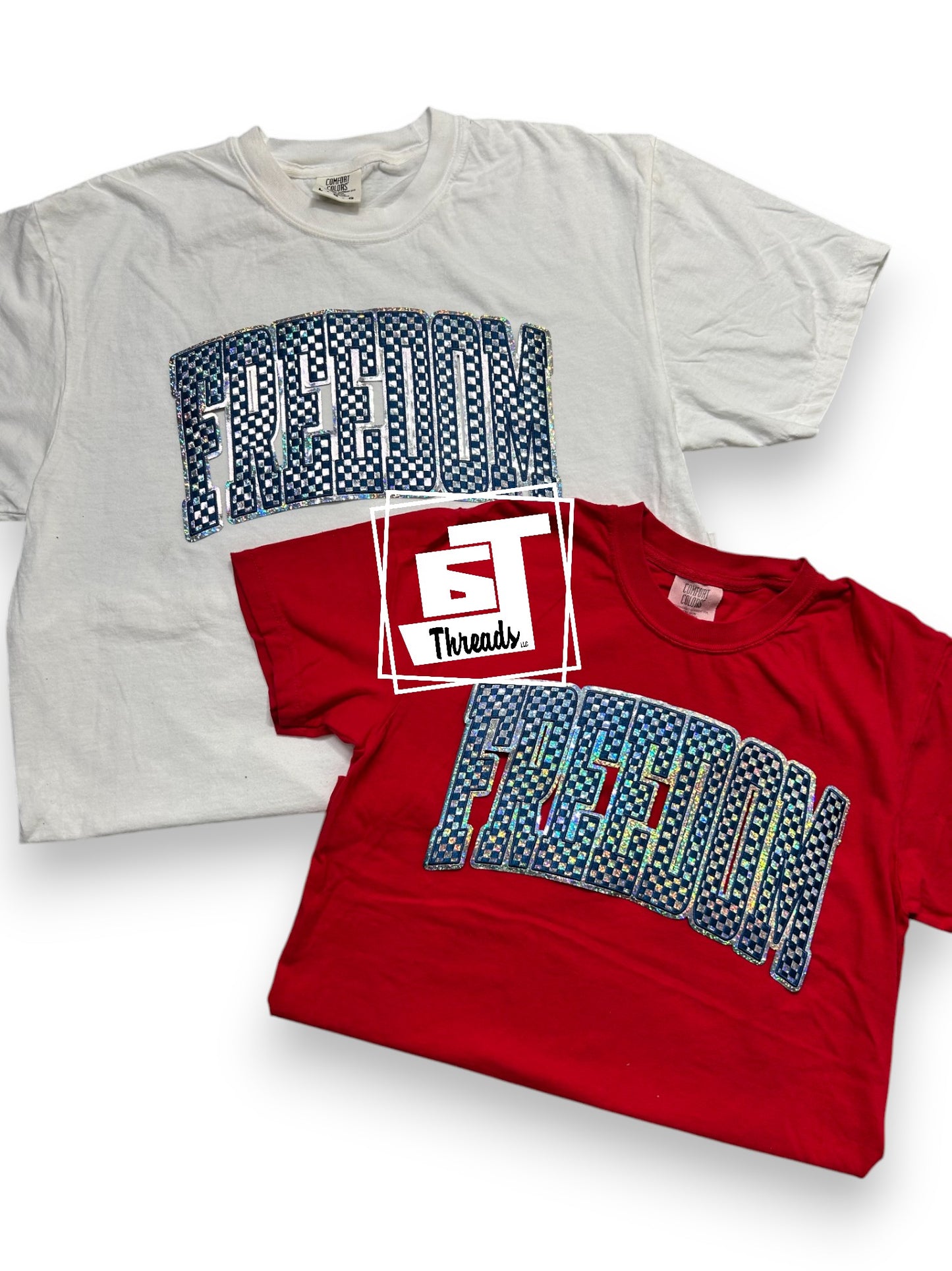 holographic blue checkered freedom iron on patch