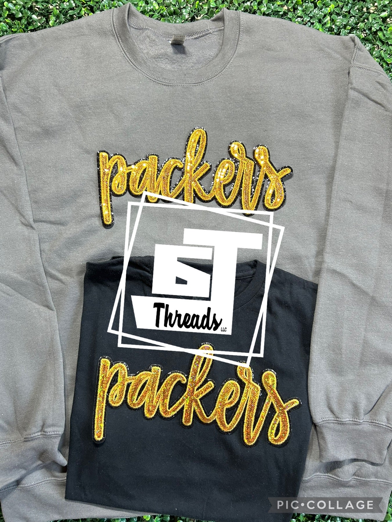 gold cursive sequin packers patch on gray sweatshirt and black shirt